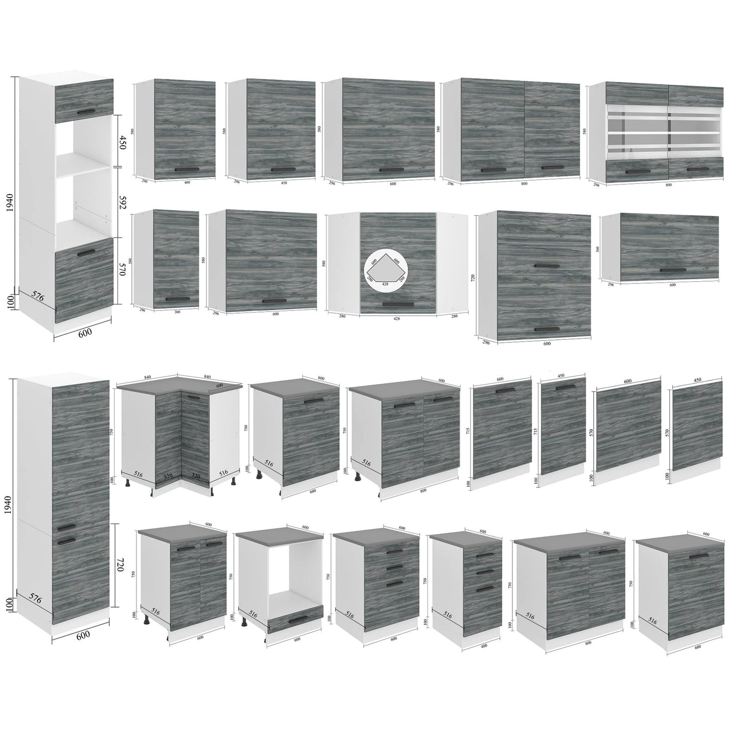 Belini Linda Kitchen Unit, Kitchen Furniture 240 cm, Fully Equipped without Electrical Appliances, with Wall Cabinets and Base Cabinets, with Worktops, Matt White