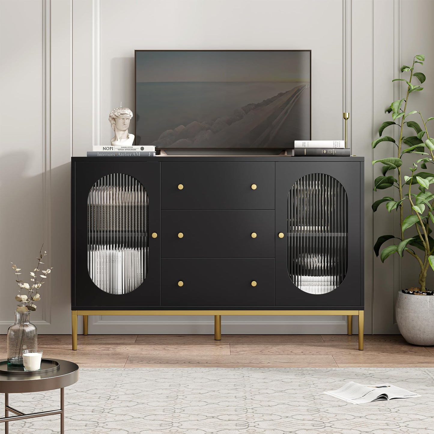 FirFurd Sideboard 120 cm Wide Kitchen Cabinet with Worktop Buffet Cabinet with 2 Glass Doors 3 Drawers Kitchen Buffet with Adjustable Shelf for Kitchen Dining Room Living Room 120 x 38 x 80 cm Black