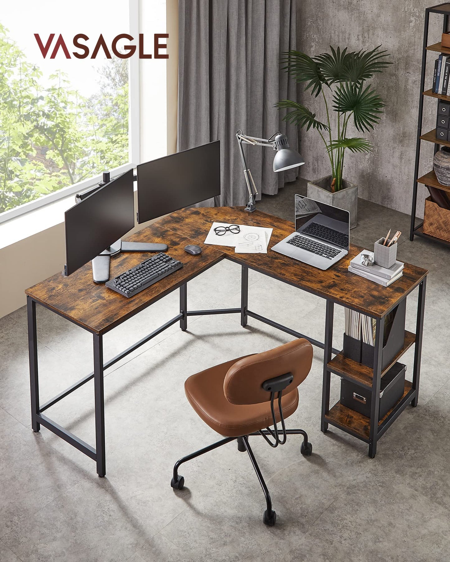 Vasagle L-Shaped Computer Desk, Corner Desk with 2 Shelves