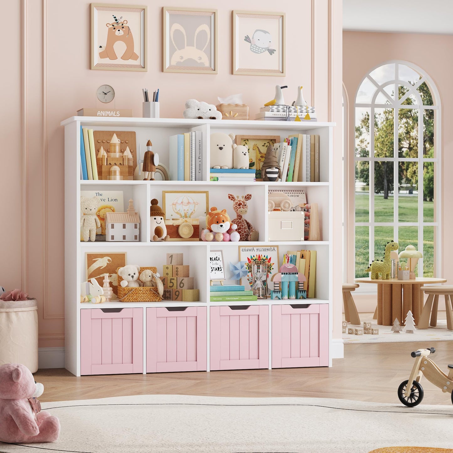 FOREHILL Children's Shelf with Boxes on Wheels, Children's Bookcase with 4 Levels, Children's Room Furniture, Toy Regulator, Storage Shelf, Bookcase for Children, Children's Cabinet, Shelf, White,