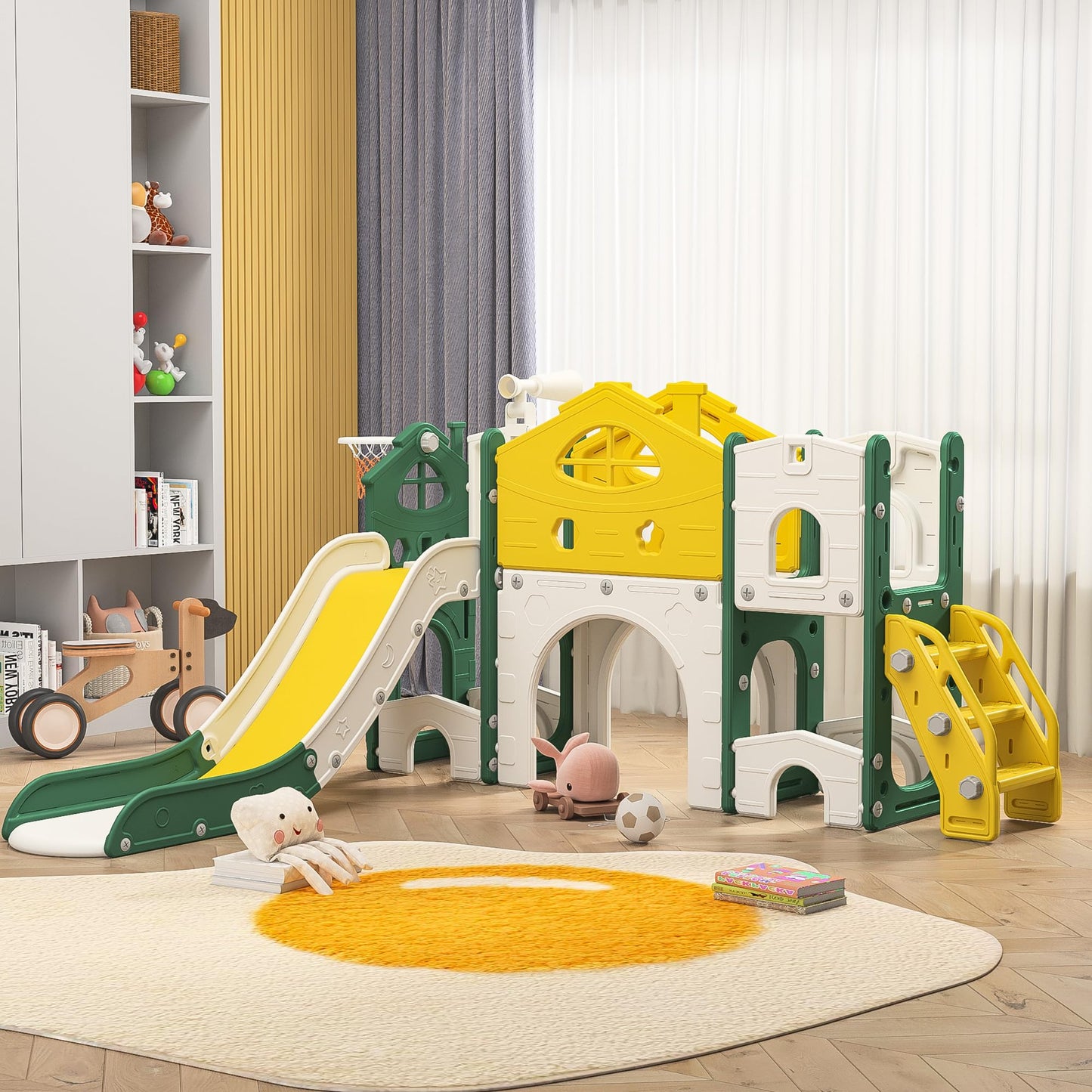 Kinderrutsche, Babyschaukel, 4 in 1, mit Schaukeln, Treppen, Gleiten, Basketballgestellen, Spielplatz für drinnen und draußen, multifunktionale Rutsche (Rosa, Kaninchen)