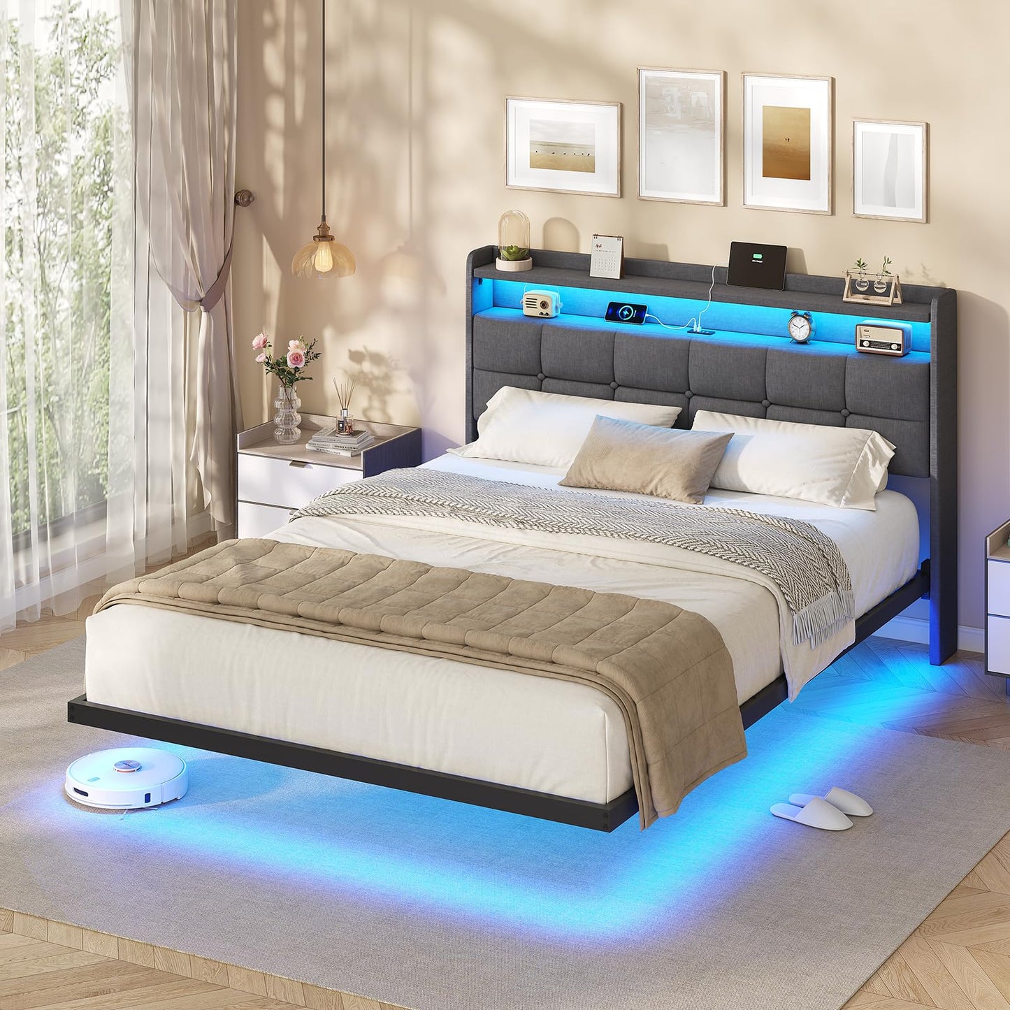 AOGLLATI Upholstered Bed 140 x 200 cm, Double Bed Frame, Bed Frame with LED Lighting and Charging Station, Bed Frame with Headboard, Bed Floating Bed Frame, Metal Bed, Linen, Dark Grey (without