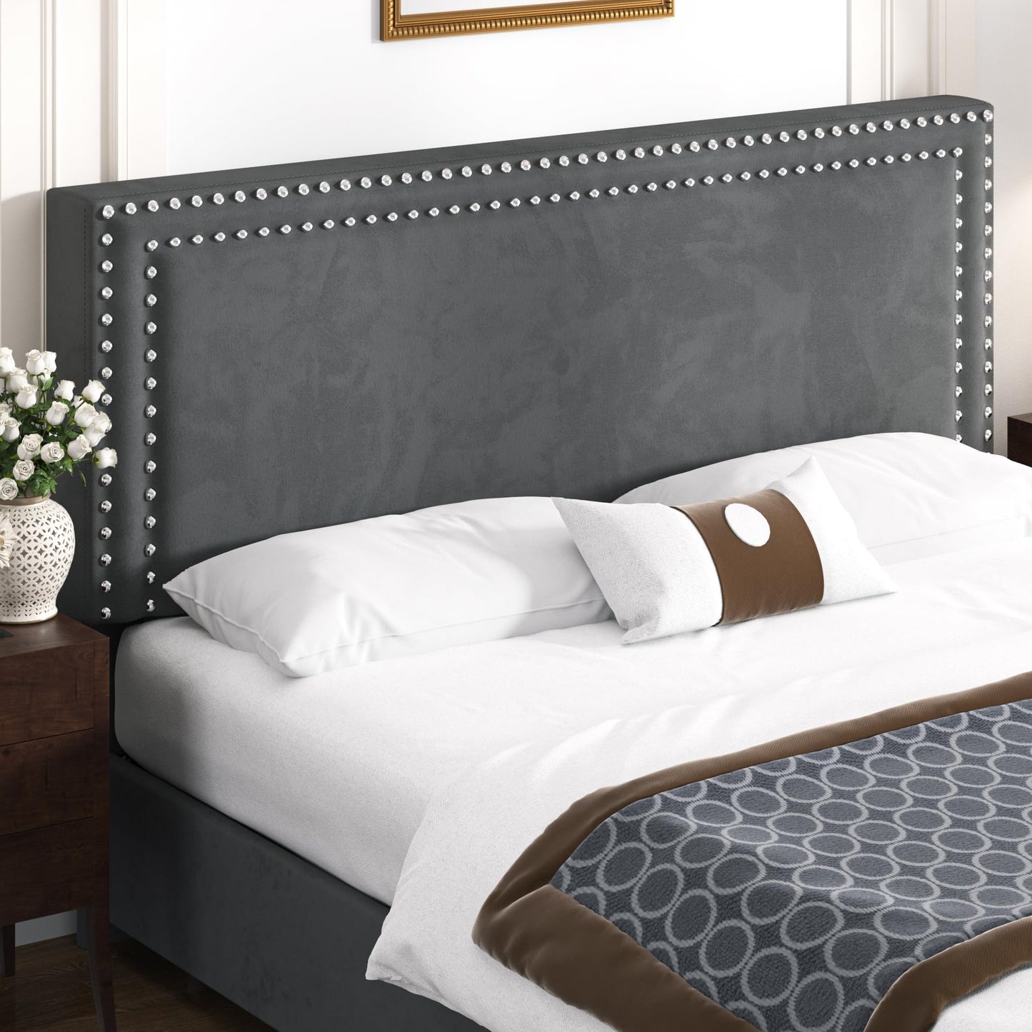 VECELO Upholstered Double Bed 140 x 200 cm with 4 Storage Drawers, Double Bed Frame with Height-Adjustable Headboard and Storage Box, Bed with Storage Space and Slatted Frame, Mattress Not Included
