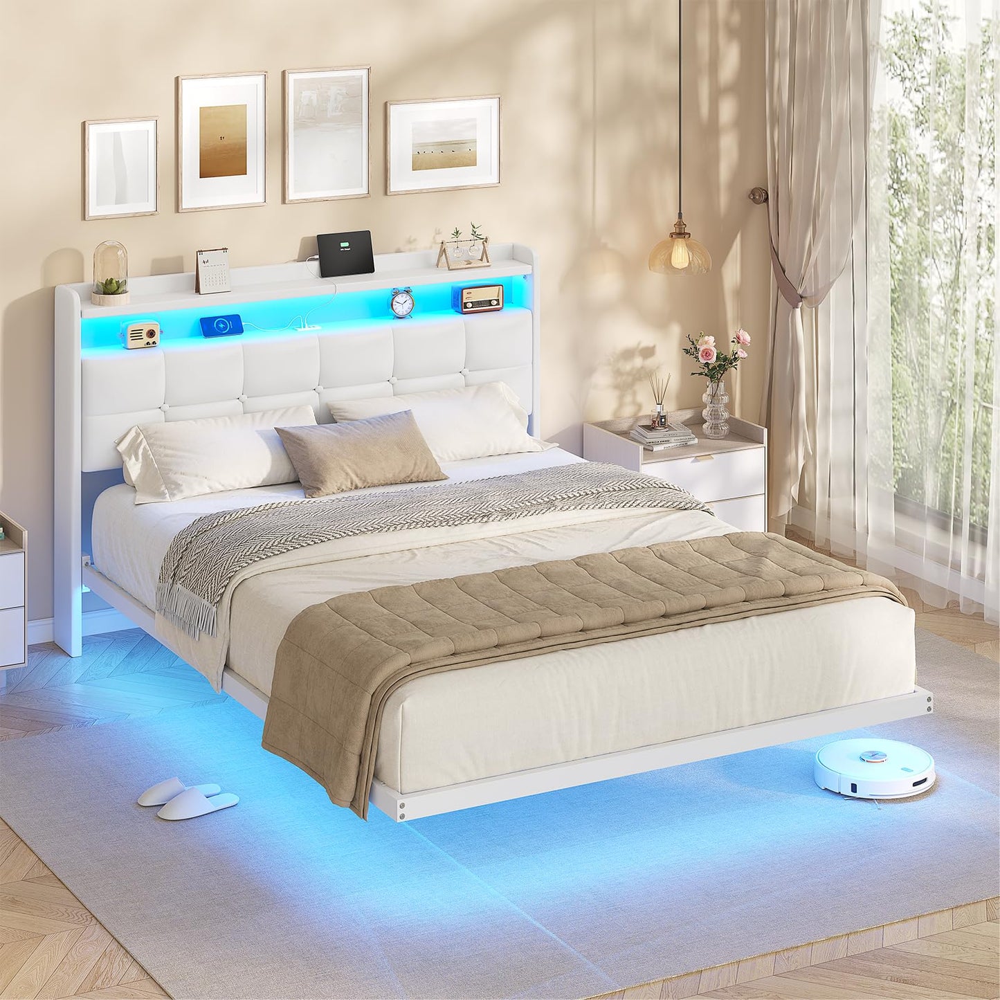 AOGLLATI Upholstered Bed 140 x 200 cm, Double Bed Frame, Bed Frame with LED Lighting and Charging Station, Bed Frame with Headboard, Bed Floating Bed Frame, Metal Bed, Linen, Dark Grey (without