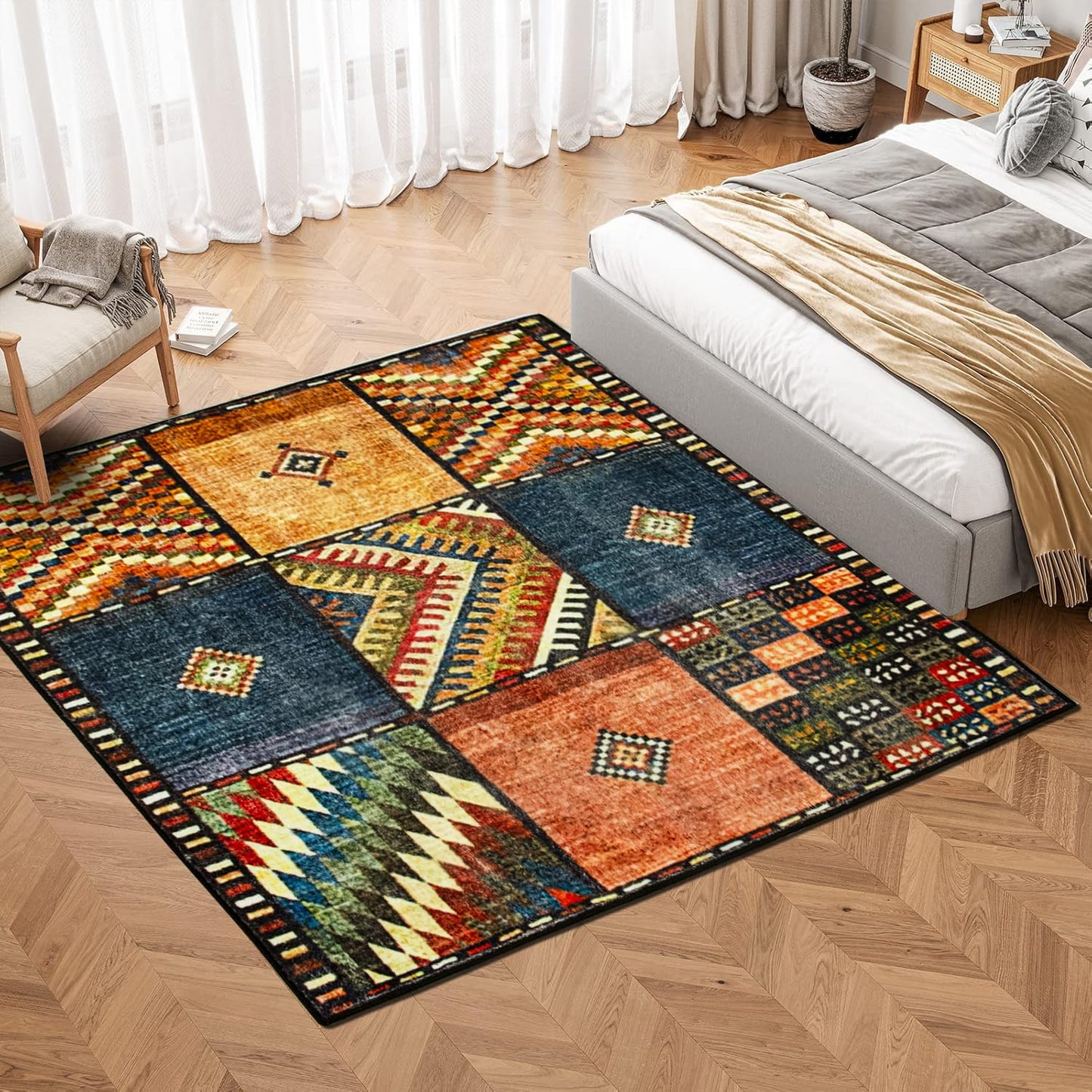 Teppich Quadratisch 160x160cm Vintage Flickenteppich Teppich Wohnzimmer Kurzflor Bunte Waschbar Rutschfest Easy Clean FüR Wohnzimmer, Schlafzimmer, Balkon, Auch FüR KüChe oder Esszimmer Geeignet.