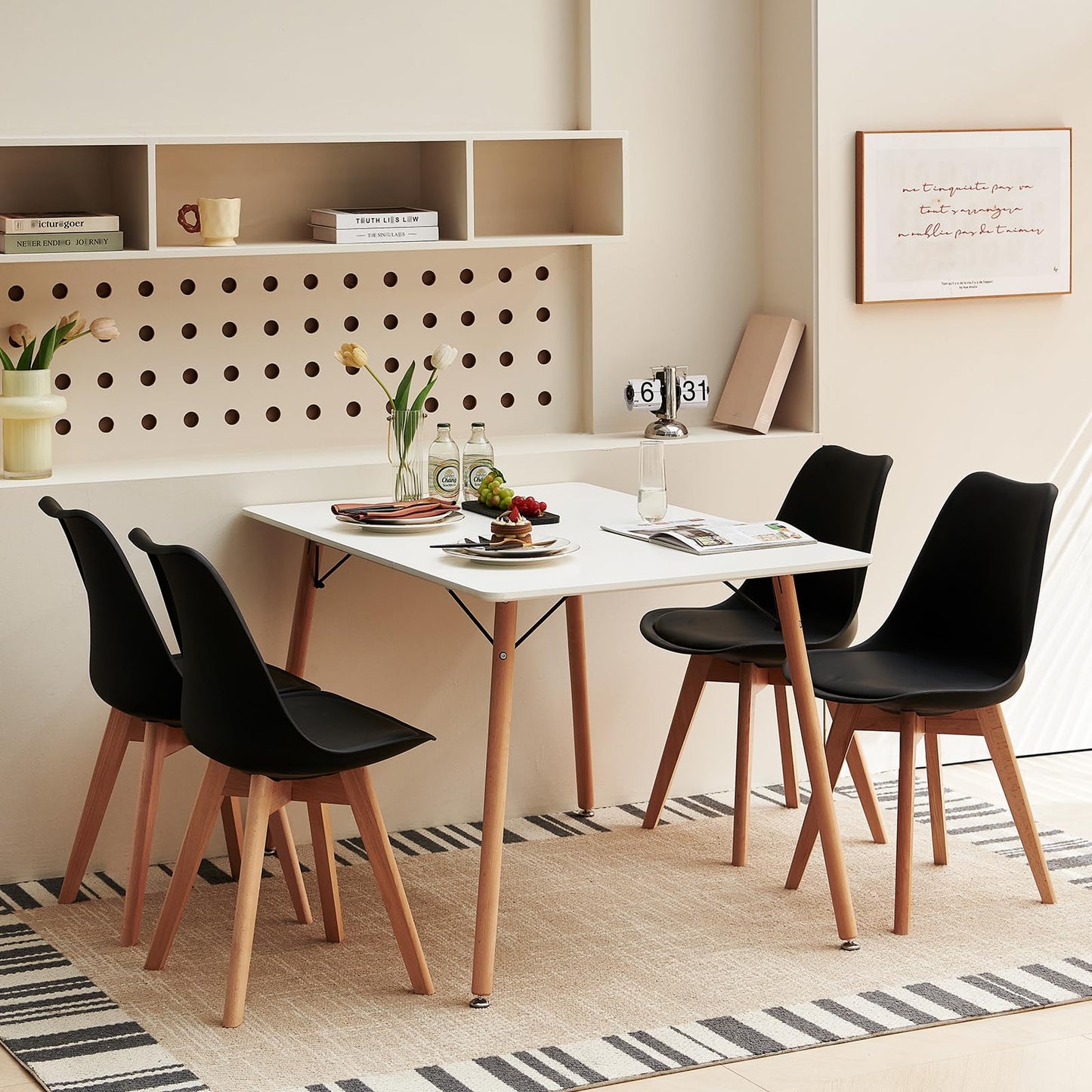 H.J WeDoo Esszimmergruppe mit 4 Essstühlen, Rechteckig Esstisch und Stühle für Esszimmer, Küche, Wohnzimmer, Weißer Esstisch und Graue Stühle