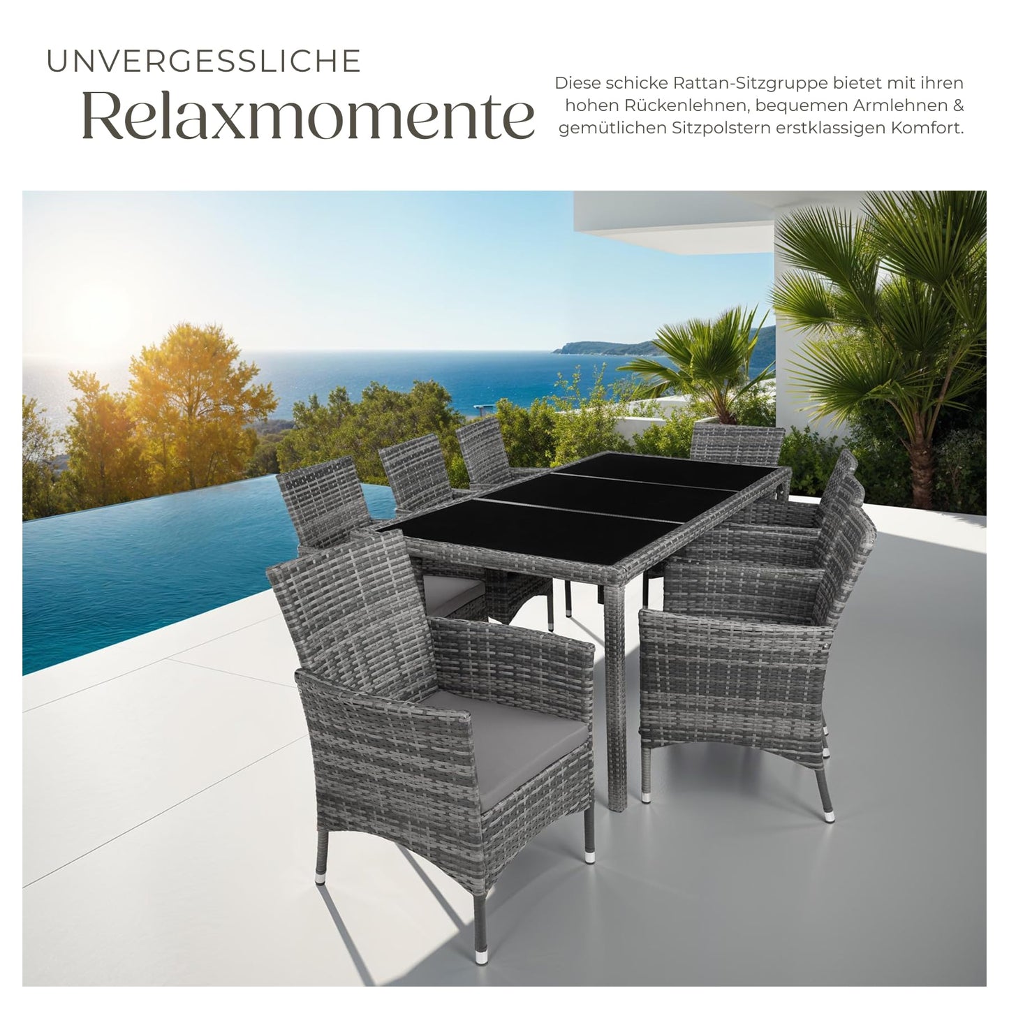 tectake® edles Outdoor Gartenmöbel Set Rattan Sitzgruppe mit Sessel und Tisch für 8 Personen, inkl. Schutzhülle und Polstern, Balkon Möbel wetterfest - Natur/dunkelgrau