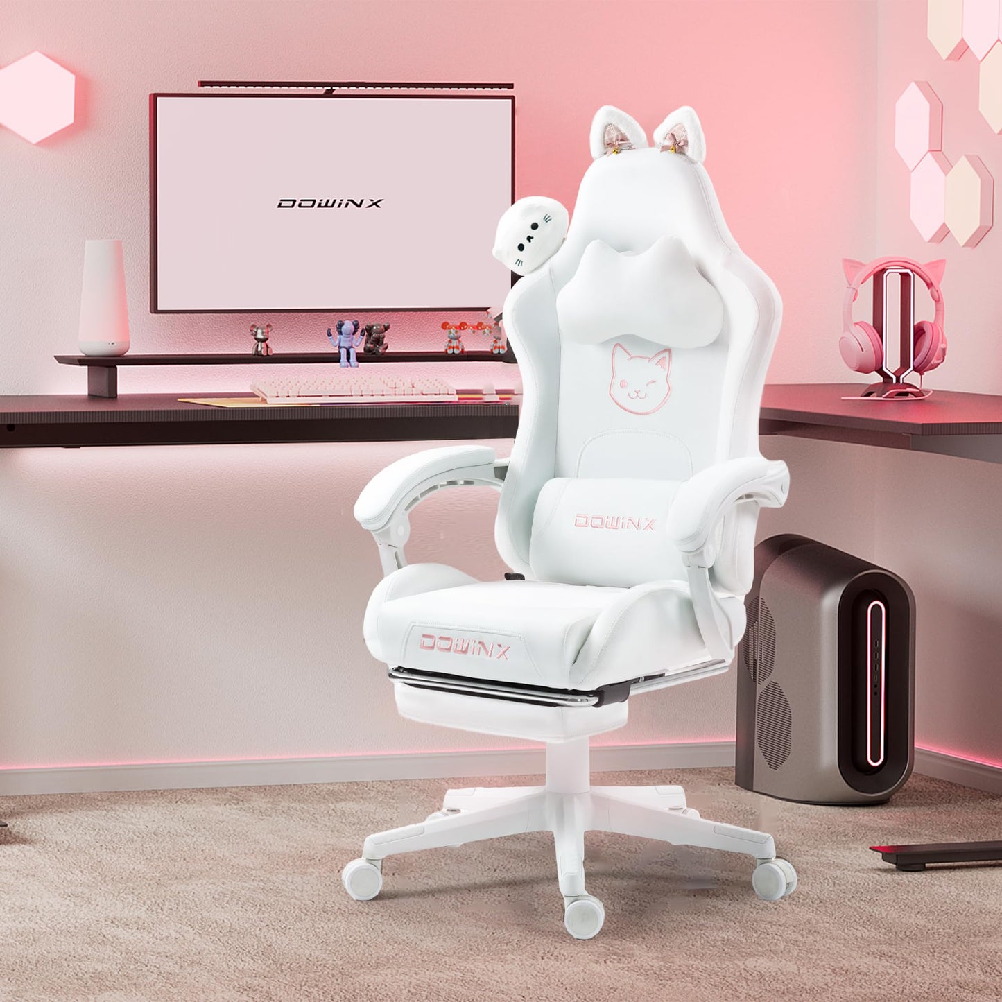 Dowinx Gaming Chair - Cute Cat Edition - Ergonomic Computer Chair with High Back and Lumbar Support, PU Leather, Footrest, Black