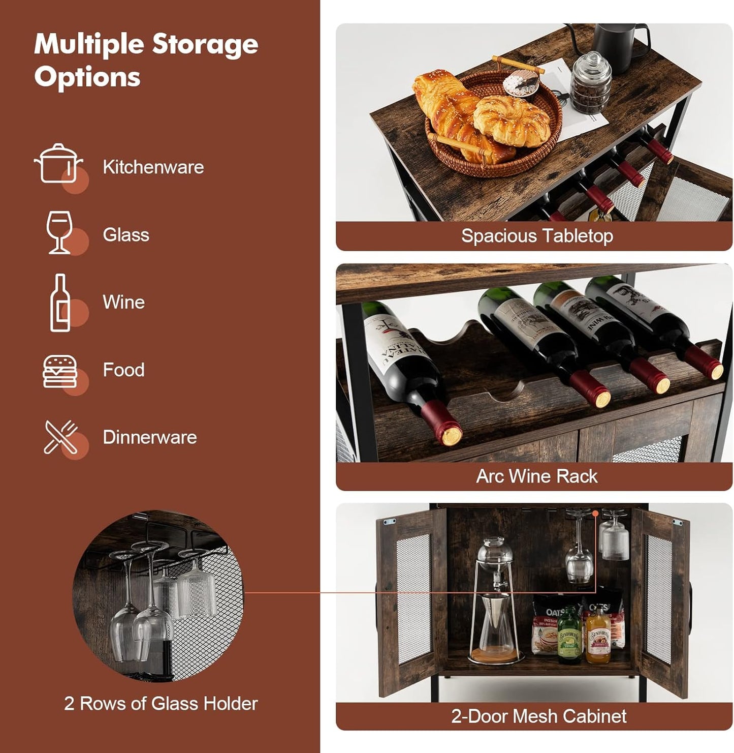 GIANTEX Weinschrank Barschrank Industrial, Weinbarschrank mit abnehmbarem Weinregal & 6 Glashalter, Küche Hausbar Küchenschrank mit Metallgittertüren, Sideboard Flaschenständer Weinständer 60x34x79cm