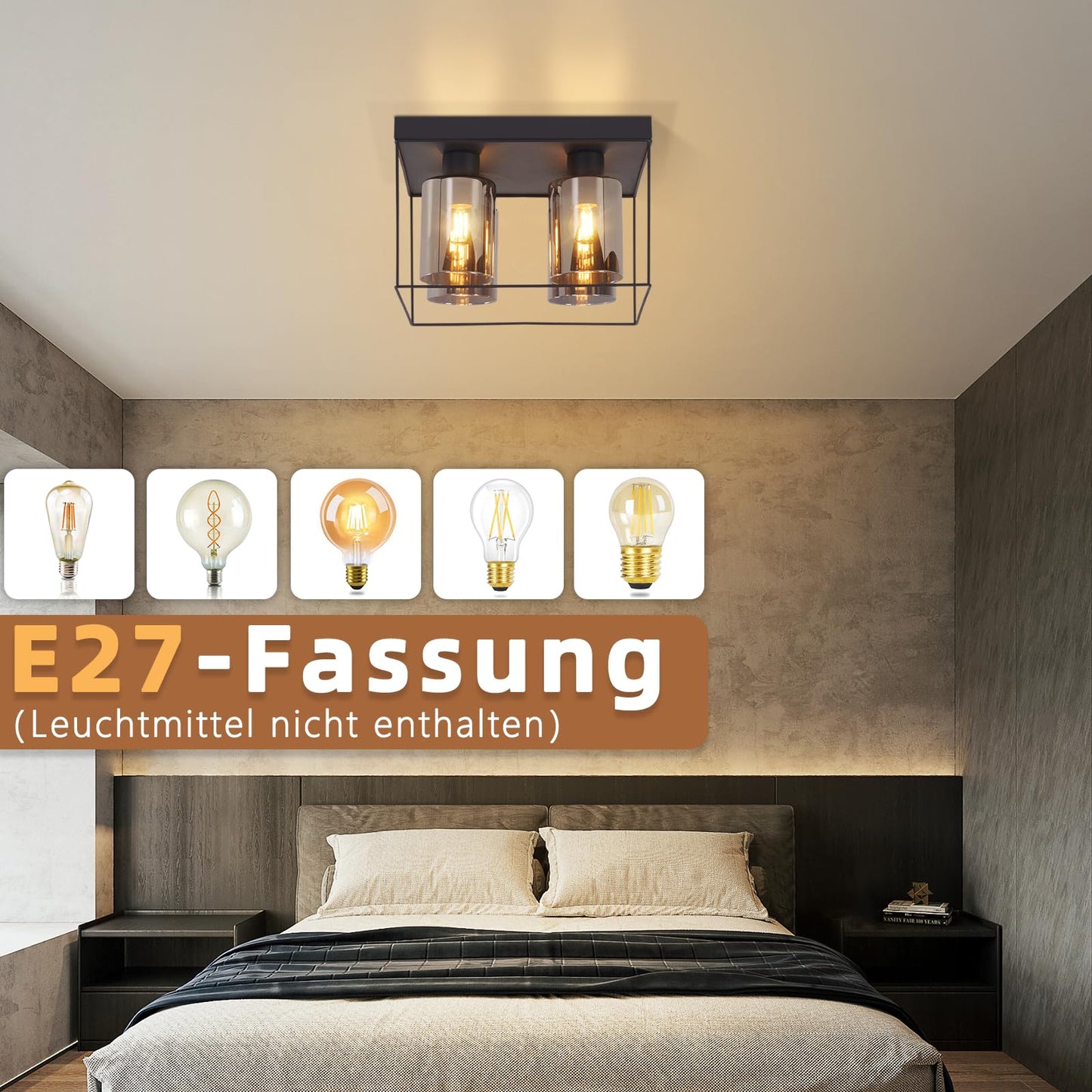 CBJKTX Ceiling Light Living Room Ceiling Light Glass - 4 Bulbs E27 Vintage Black Dining Room Lamp Industrial Style Metal Ceiling Retro Living Room Lamp for Bedroom Dining Room Kitchen (Light Bulb Not