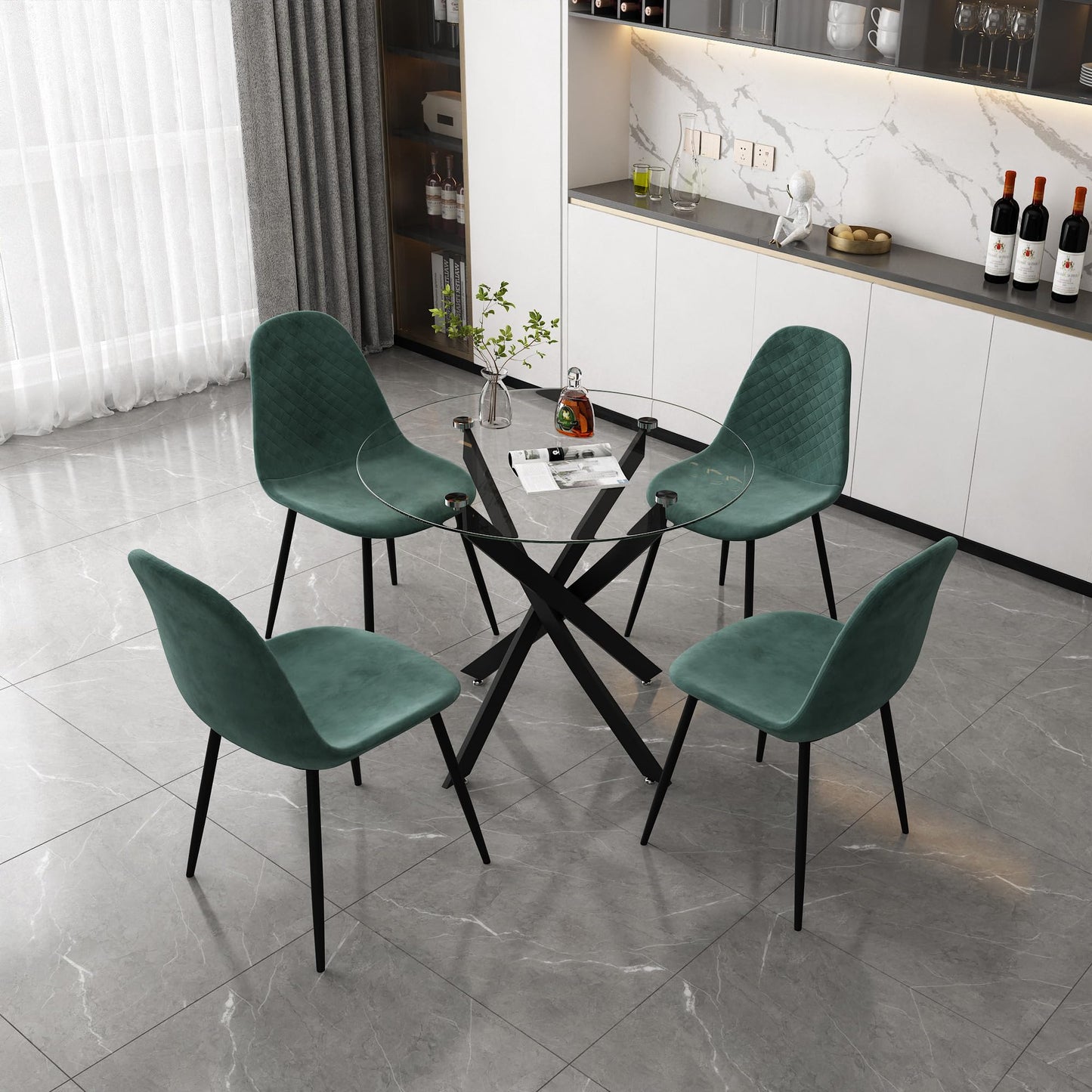 GOLDFAN Dining Table with 4 Chairs Dining Table Round Glass Kitchen Table Dining Room Chair Velvet 80 cm Green