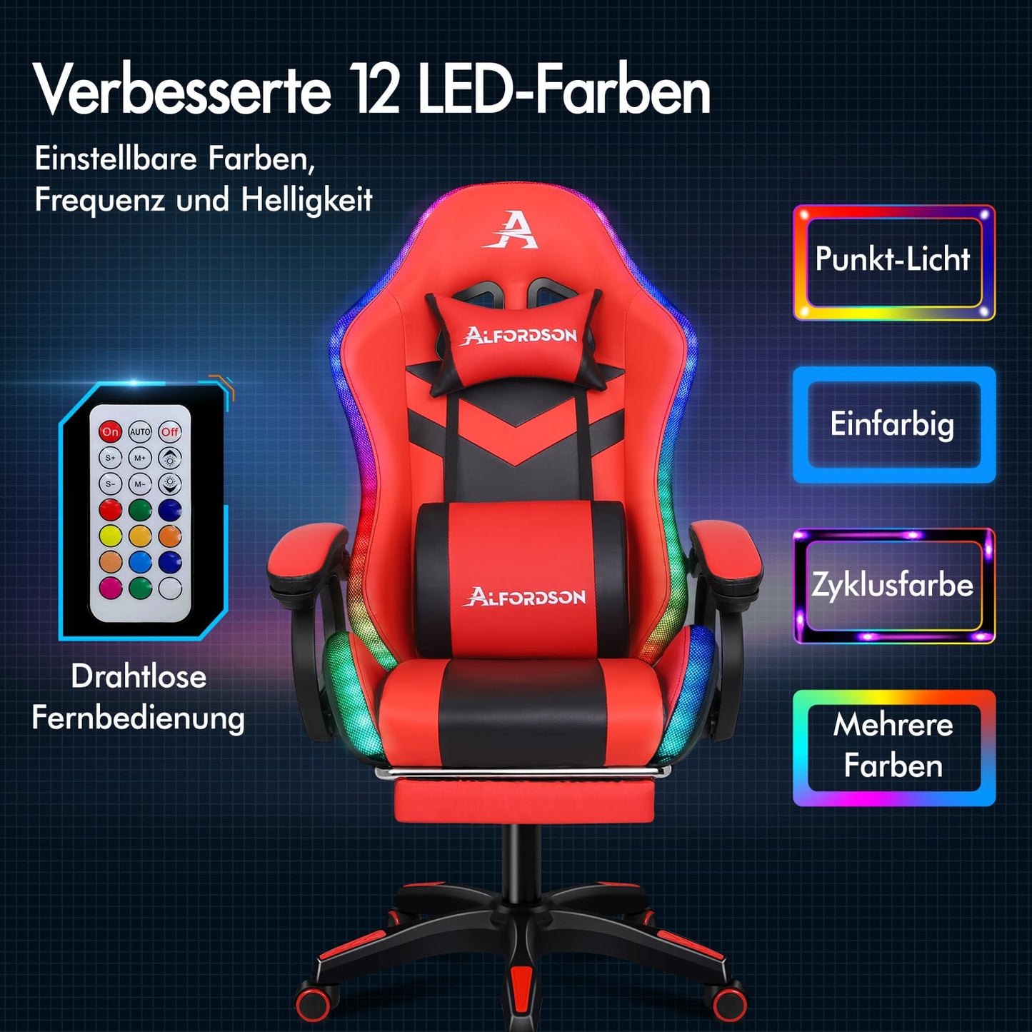ALFORDSON Gaming Stuhl mit 8-Punkt Massage 12 Farben RGB LED-Licht, Bürostuhl Ergonomisch mit fußstützen, Kopfstütze Lendenkissen für Kinder Erwachsene, Schwarz