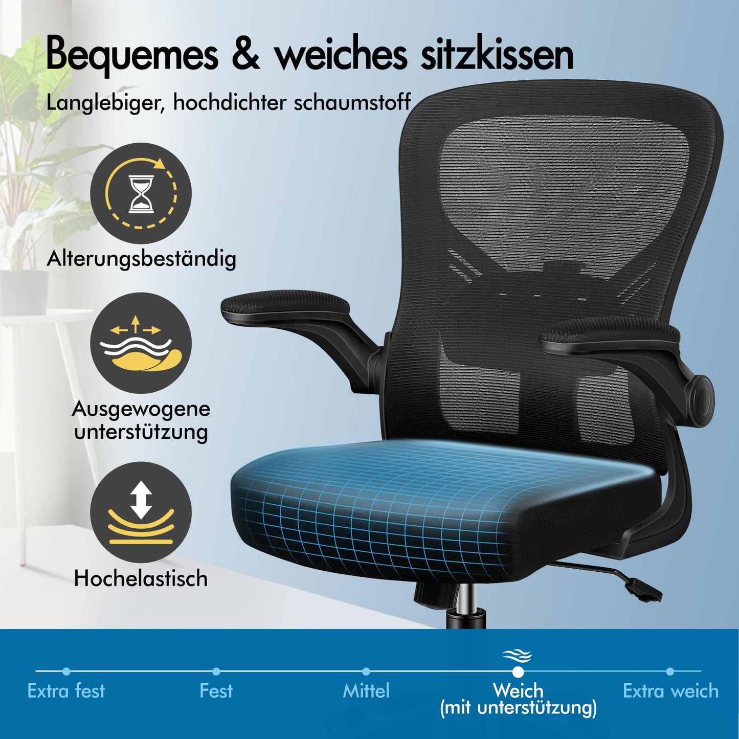 ALFORDSON Bürostuhl, Lendenstütze, Atmungsaktives Netz und Stoff, Hochklappbare/Verstellbare Armlehnen, Hochwertiger Schaumstoff, 180kg für Zuhause & Gaming, Wale, Schwarz