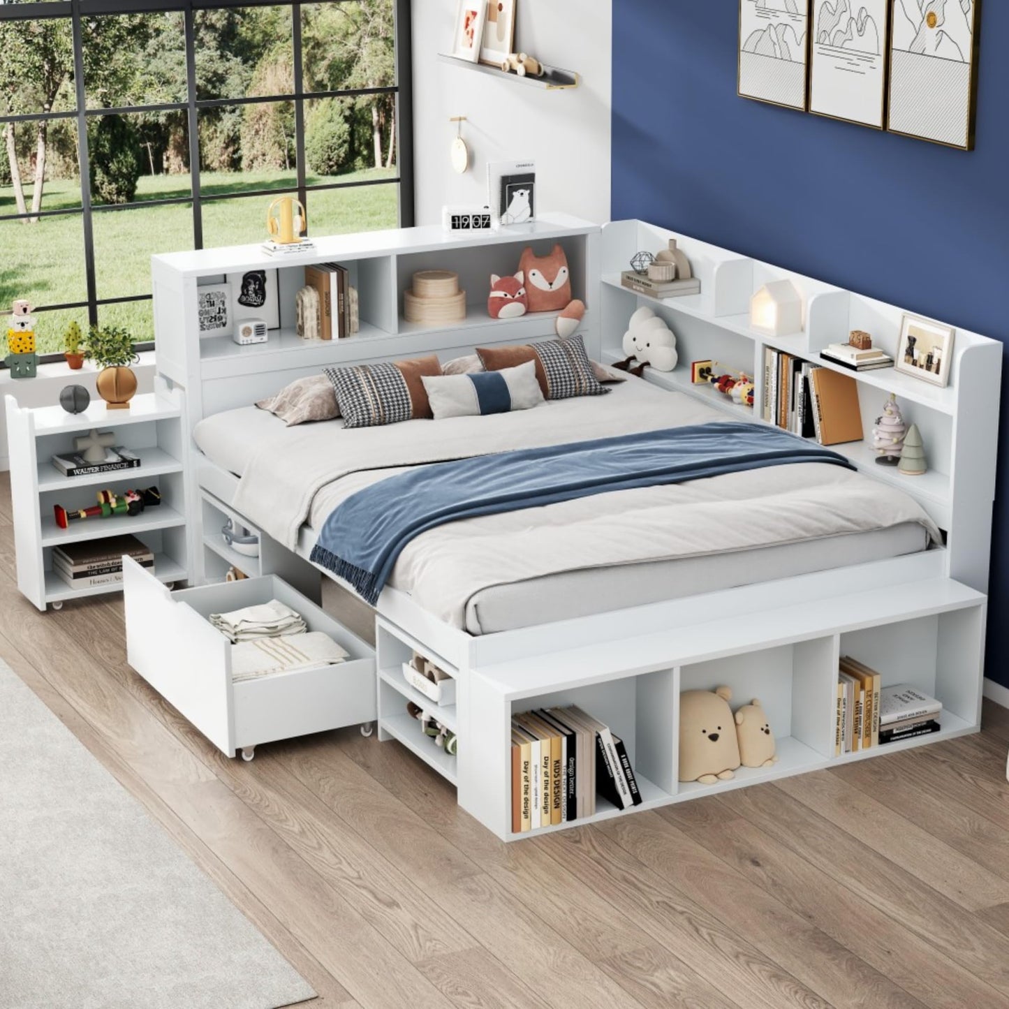 Children's Bed 90 x 200 cm, Wooden Bed with Drawers and Board, Headboard with Bookshelf and Fall Protection, Bed with Slatted Frame and Storage Space, Teenager's Bed, Functional Bed, Wooden Bed Frame,
