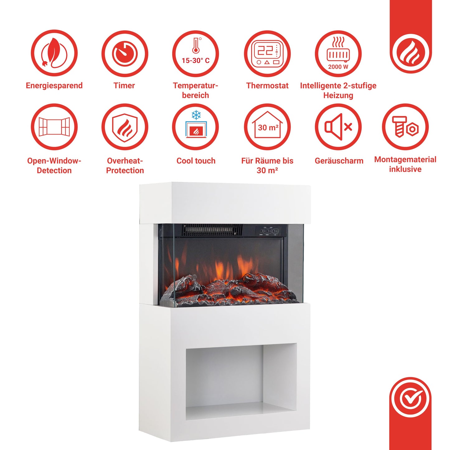 KAMINIO Henri Electric Fireplace with Heater, 3D Flame Effect, Wooden Compartment, Remote Control (White)