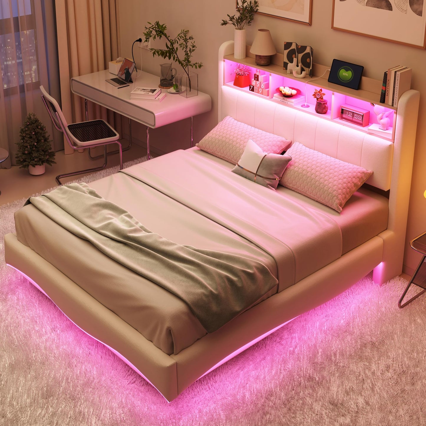 LAKFEW Polsterbett 140X200 cm, Doppelbett Stauraumbett mit LED-Beleuchtung, Erwachsenenbett mit USB/Typ-C, Bettgestell Bett mit Lattenrost, Ohne Matratze, Grau, Leinen