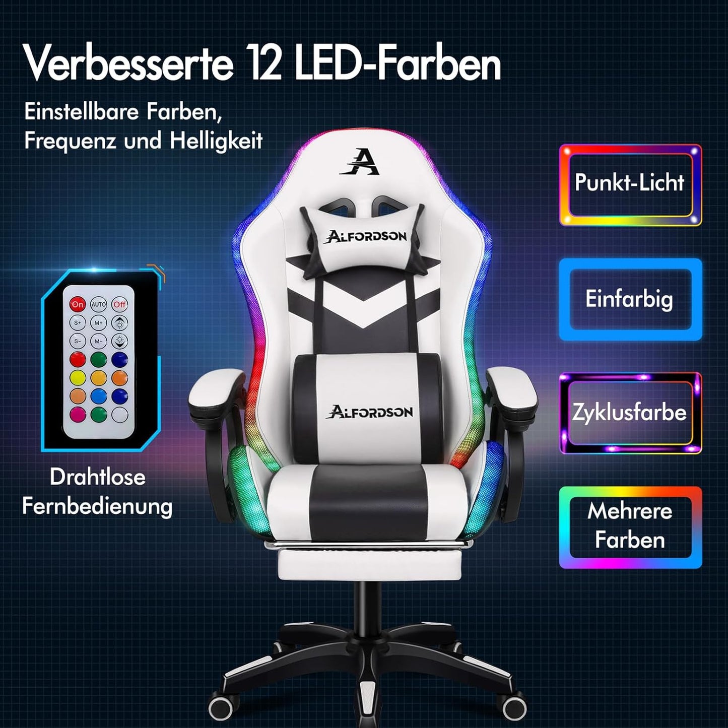 ALFORDSON Gaming Chair, LED Racing Gamer Chair with 12-Colour RGB Lighting, Massage Gaming Chair with Lumbar Support, Footrest, PU Material, White