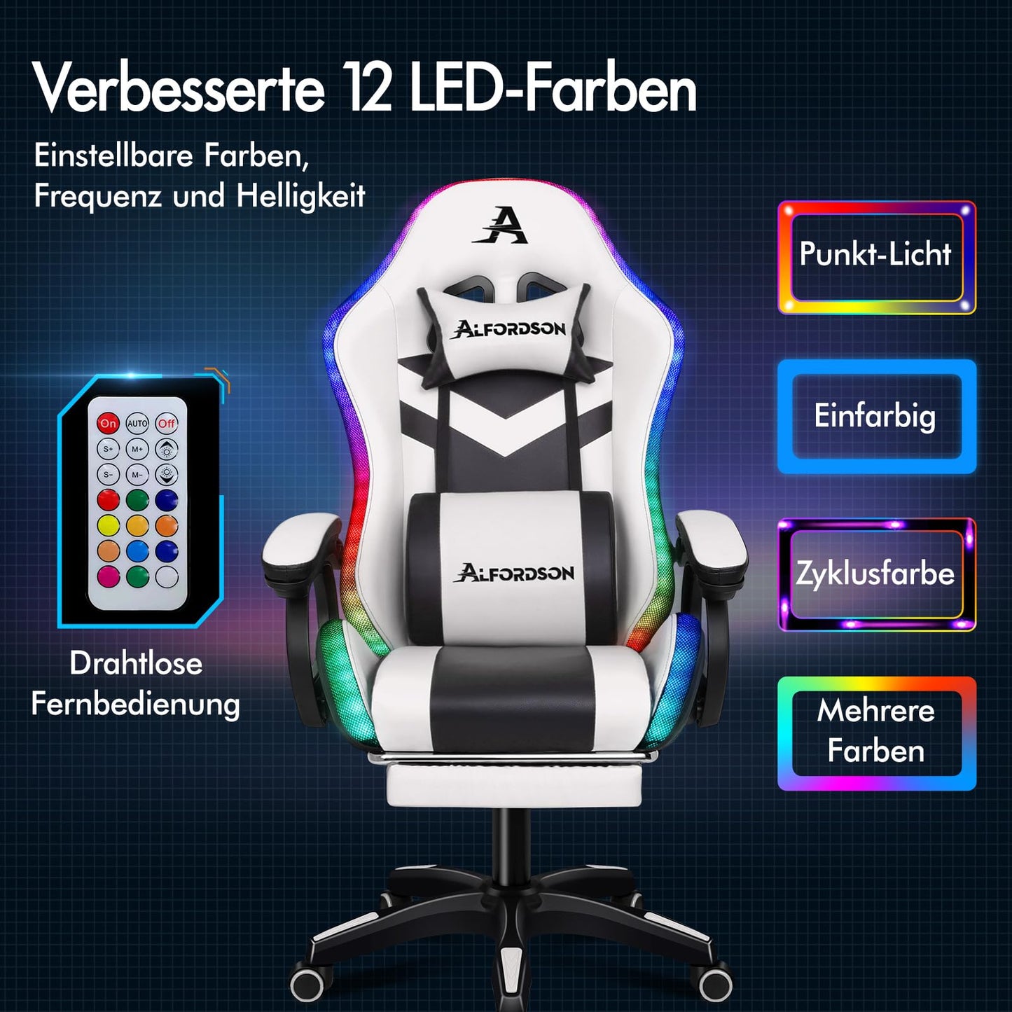 ALFORDSON Gaming Stuhl mit 8-Punkt Massage 12 Farben RGB LED-Licht, Bürostuhl Ergonomisch mit fußstützen, Kopfstütze Lendenkissen für Kinder Erwachsene, Schwarz