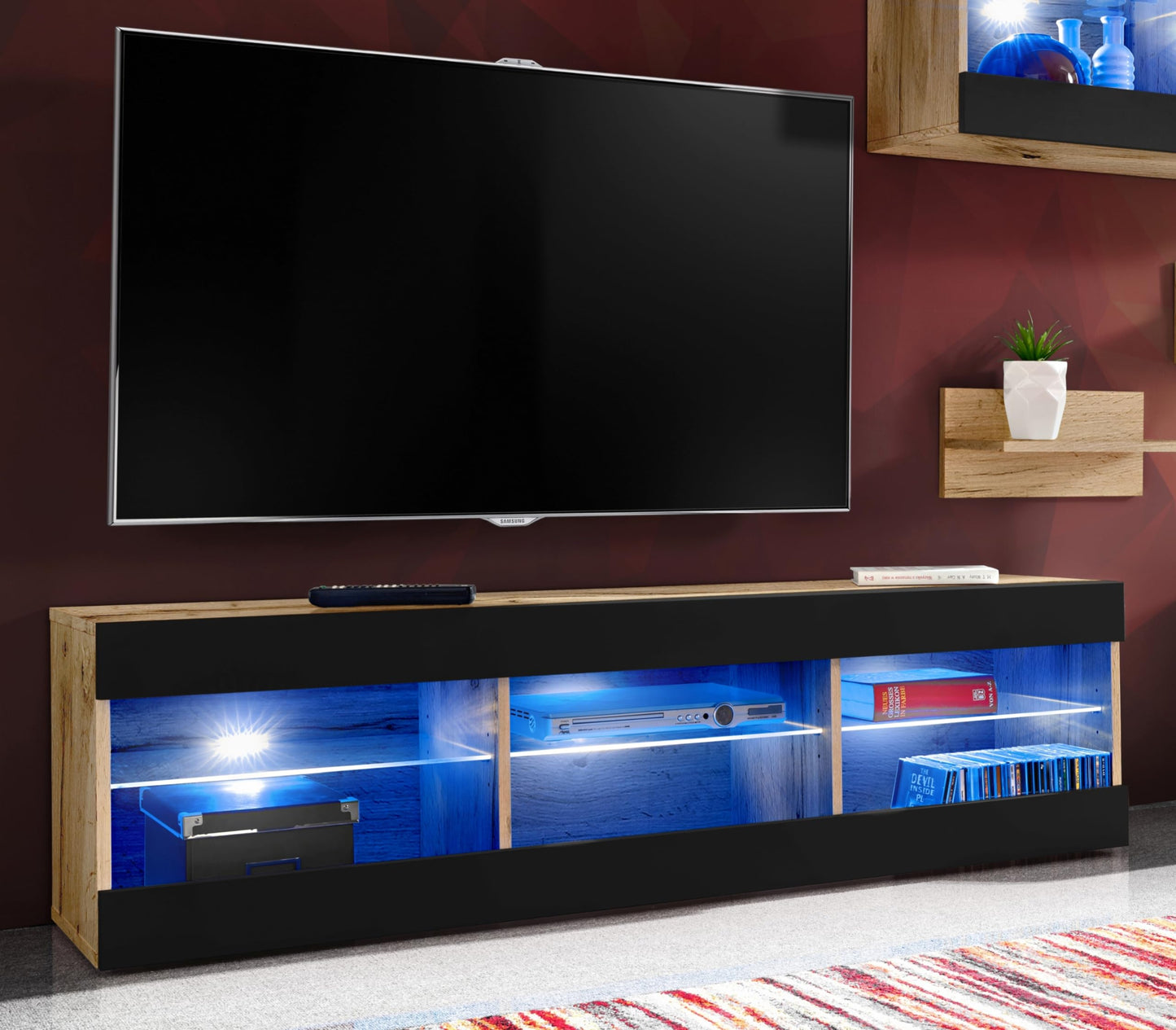 Komodee Tivoli Medio Wall Unit Living Room Set, Black/Black, Width 245 cm x Height 159 cm x Depth 35 cm, LED Blue, for Living Room, Bedroom