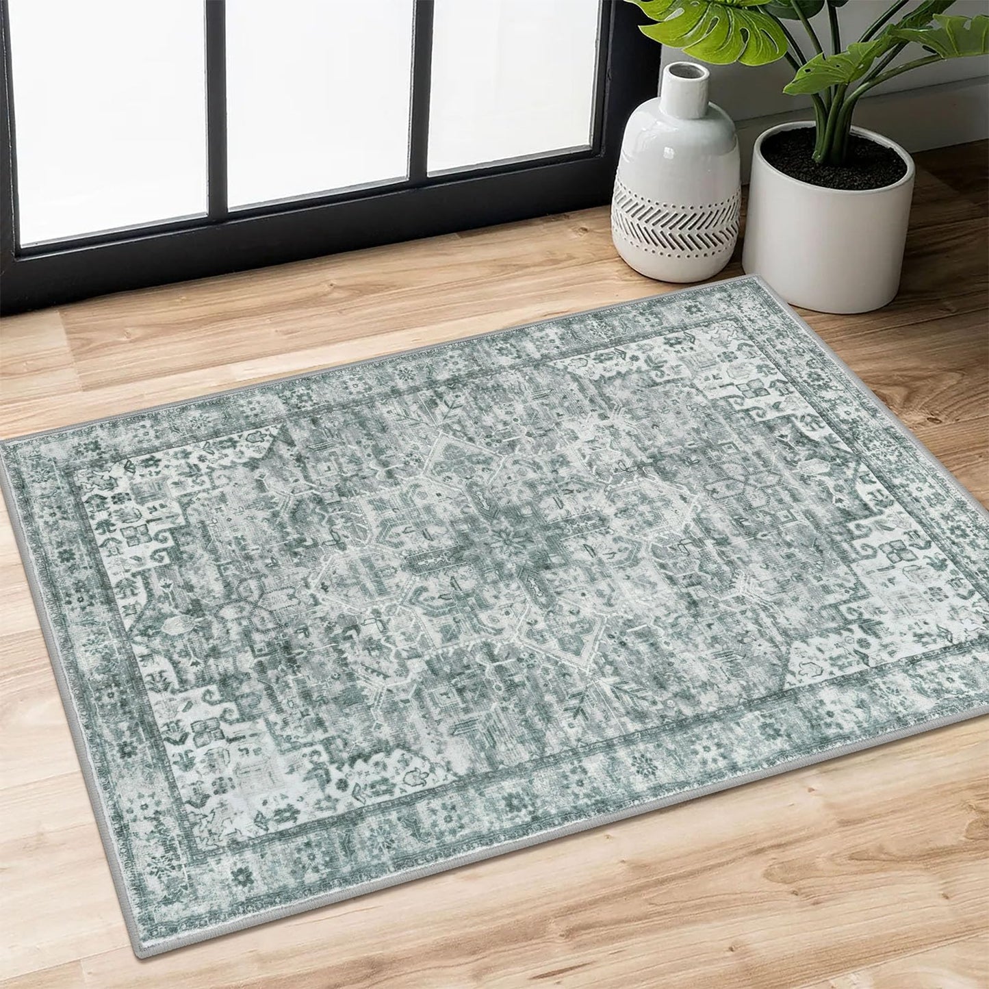 2x3 Blue Washable Rug for Entrance, Soft Traditional Area Rug, Non-Slip Printed Kitchen Rugs, Low-Pile Medallion Indoor Door Mat, Small Farmhouse Carpet for Entryway Kitchen Foyer Bedside
