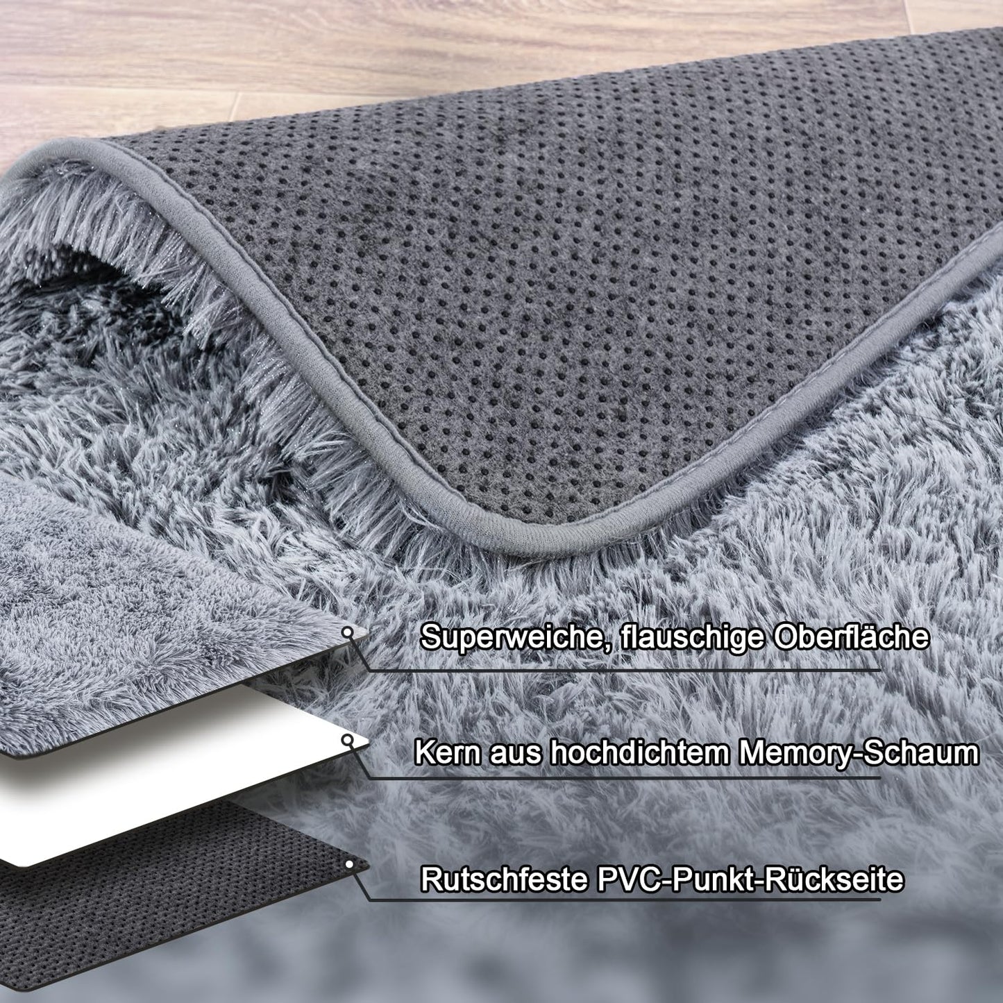 BSGIFT High Pile Rug, Grey, 160 x 230 cm, Shaggy Long Pile Fluffy Rug, Living Room, Modern Living Room Rug, Bed Rug, High-Pile Carpet, Non-Slip for Bedroom, Children's Room
