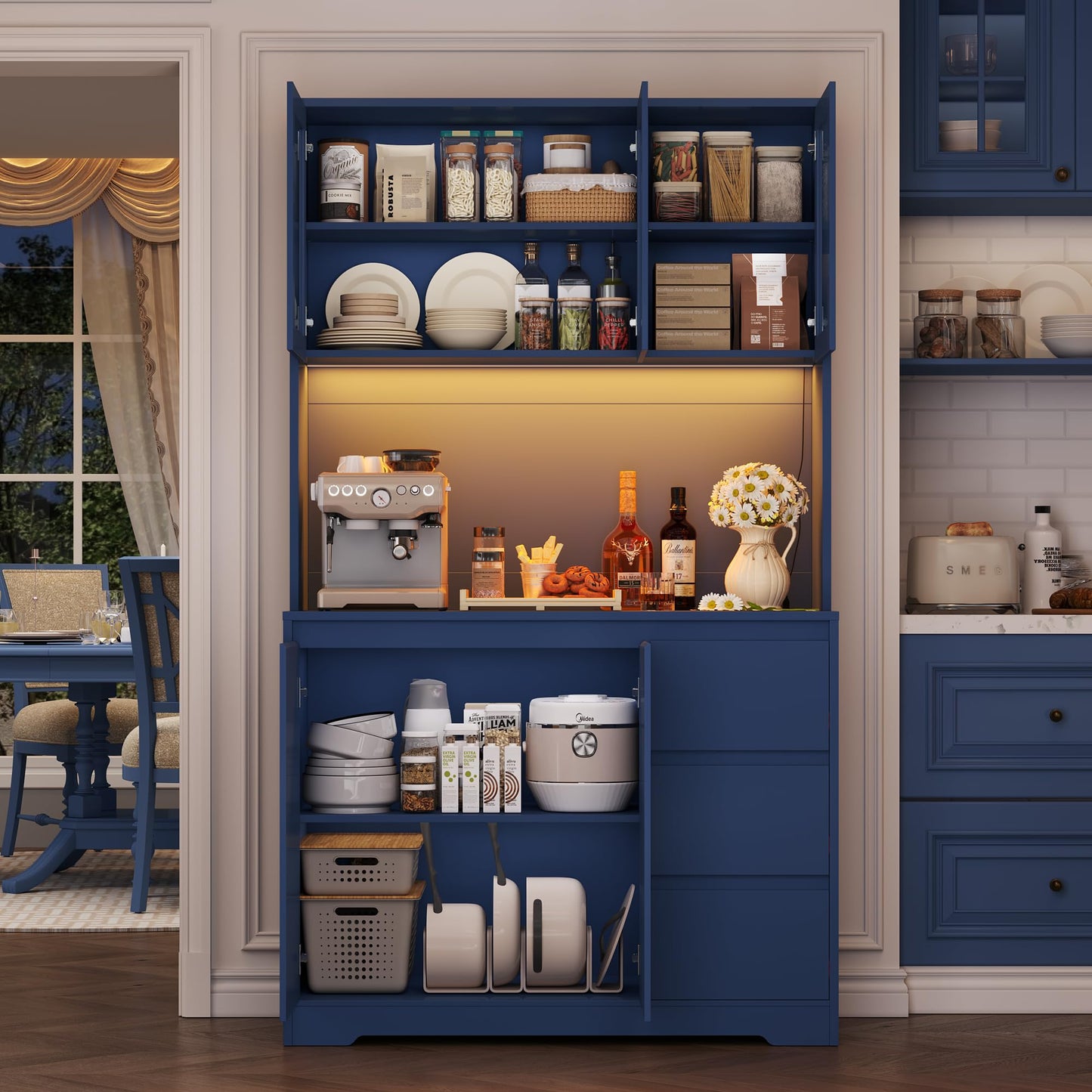 FirFurd Kitchen Cabinet Buffet Cabinet with LED Sideboard for Kitchen with Power Strip Kitchen Cabinet with Worktop and 3 Drawers Kitchen Buffet with Adjustable Shelf 180 x 100 x 38.5 cm (Black)