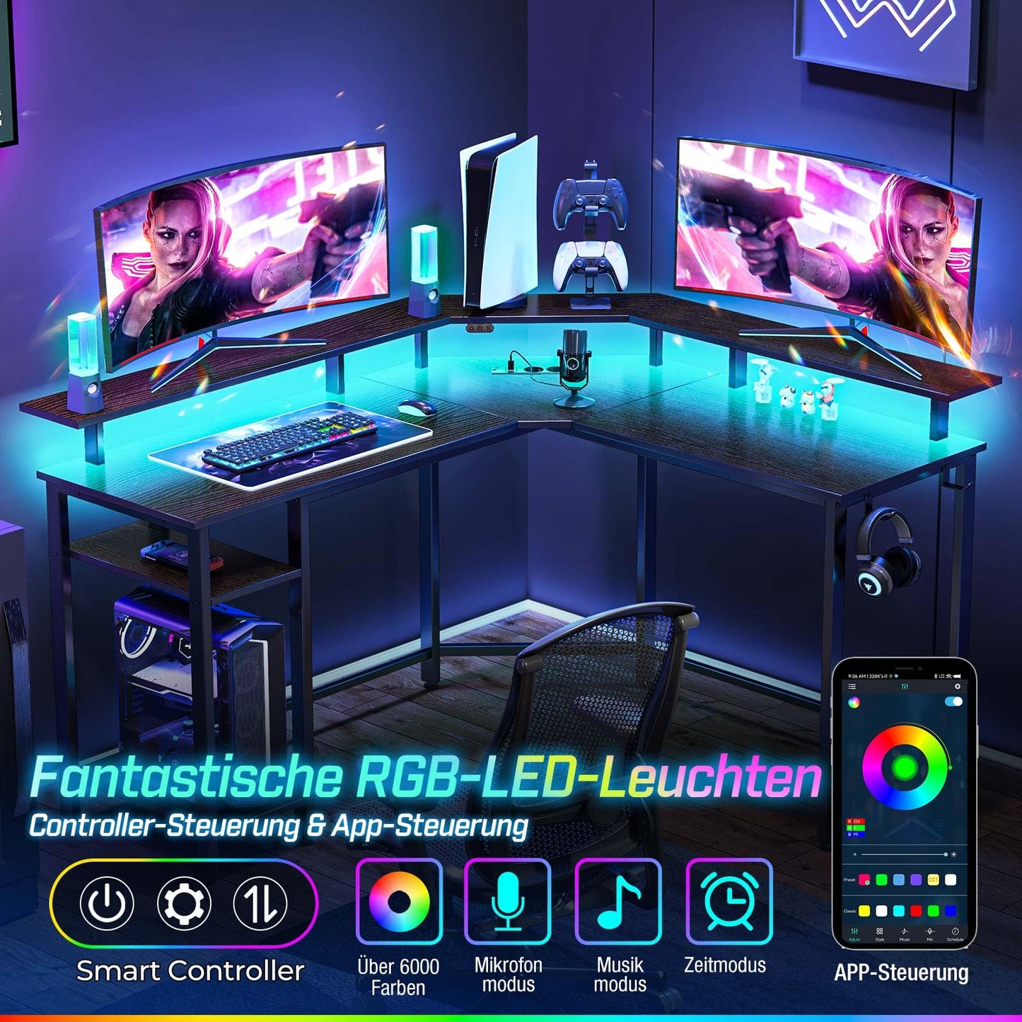 Rolanstar Schreibtisch L Form mit LED & Steckdosen, 117 cm Computertisch mit Monitorständer & Ablagefläche, Reversibler Eckschreibtisch mit 2 Haken, perfekt für Arbeitszimmer Schlafzimmer Büro