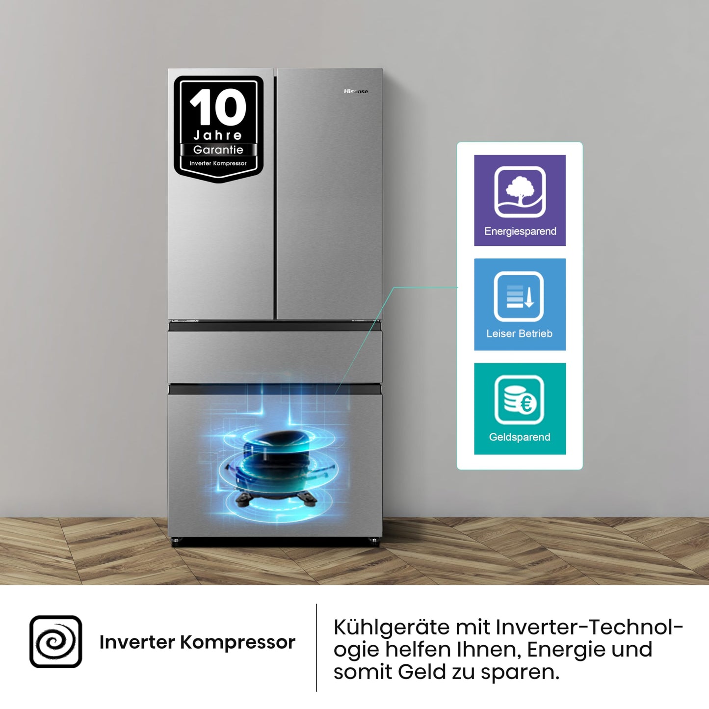Hisense RF632N4WIE French Door Kühl-Gefrierkombination/ NoFrostPlus/ Inverter-Kompressor/ Wasserspender/ CrispZone/ 200 cm/ Kühlteil 336 l/ Gefrierteil 149 l/ 38 dB/ 295 kWh/ Jahr/ Inox-Look