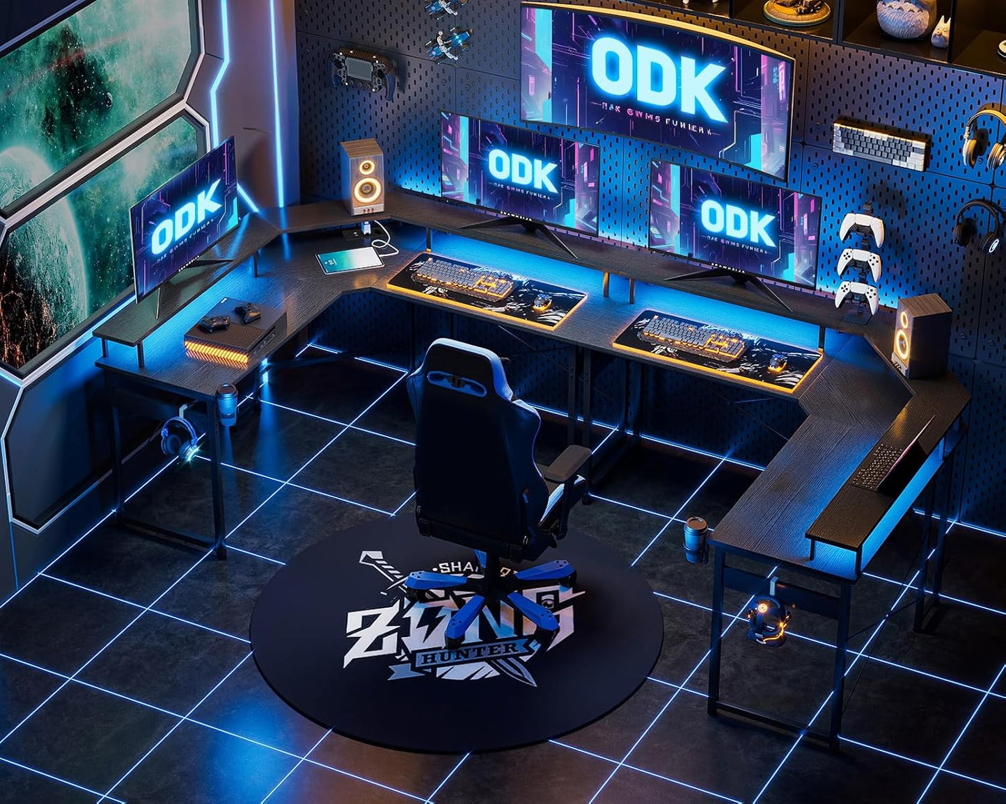 ODK Gaming Tisch mit LED, Gaming Schreibtisch mit 2 Steckdosen und 2 USB Ladeanschluss, PC Tisch Gaming mit großzügiger Monitorablage, Gamer Schreibtisch in Kohlefaser Weiß, 129x129 cm
