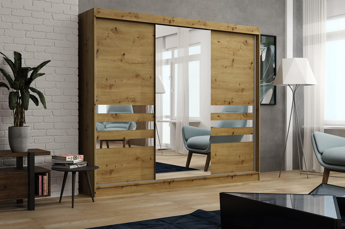 Brent - Kleiderschrank mit Spiegel Henry, 250cm Breit, Schlafzimmerschrank mit 1 Kleiderstange und Einlegeböden für Kleidung, Kleiderschrank Grau