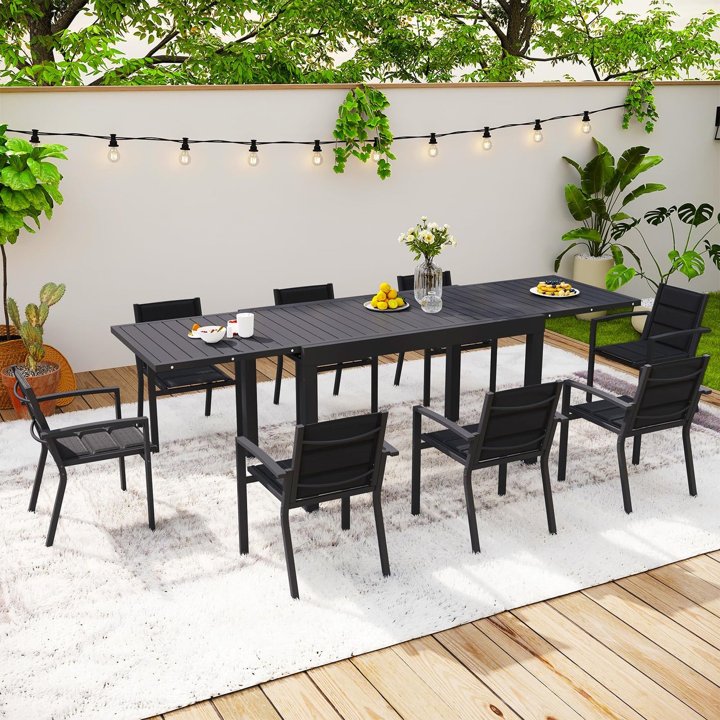 Devoko Garden Furniture Set for 8 People, 8 + 1 Aluminium Table and Chairs Set, Balcony Furniture, 8 Stackable Garden Chairs and 1 130/260 cm Stretchy Garden Table, Patio Furniture Sets Outdoor