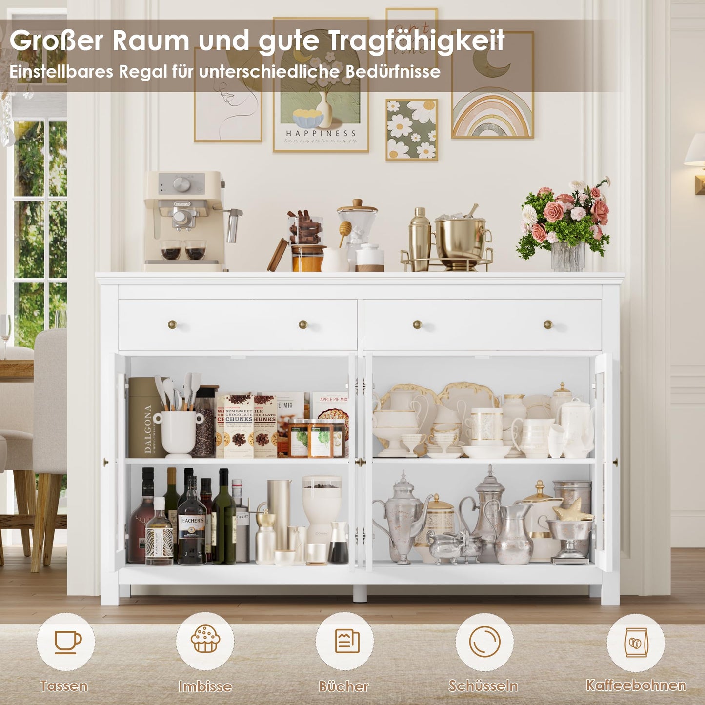 FirFurd Sideboard 140 cm Wide Kitchen Cabinet with Worktop Sideboard for Kitchen Living Room Buffet Cabinet with 2 Drawers and 4 Glass Doors Kitchen Buffet with Adjustable Shelf 140 x 90.7 x 40 cm