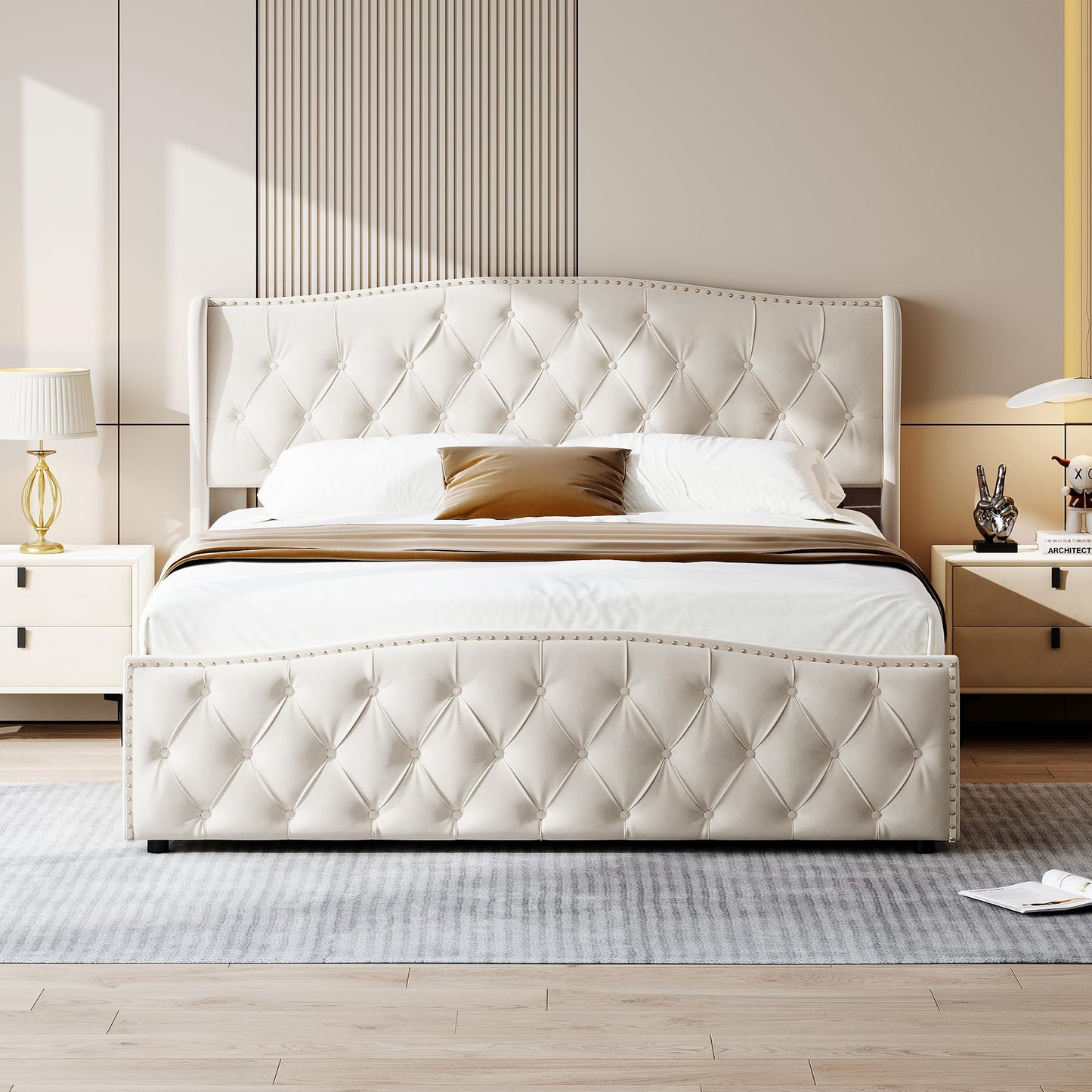WOBOPCG Upholstered Double Bed 140 x 200, Hydraulic Storage Bed with Slatted Bases, Double Bed with Storage Space, Functional Bed with Storage Space (Grey + Flannel, 140 x 200)