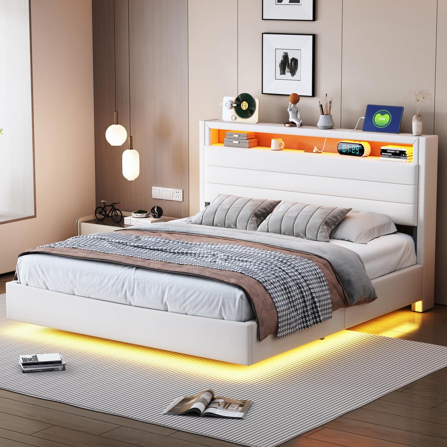 LAKFEW Upholstered Bed 140 x 200 cm, Double Bed Functional Bed with USB Socket and LED Lighting, Hanging Bed Headboard with Concealed Storage Space, Bed Frame Bed with Slatted Frame, Linen, Without