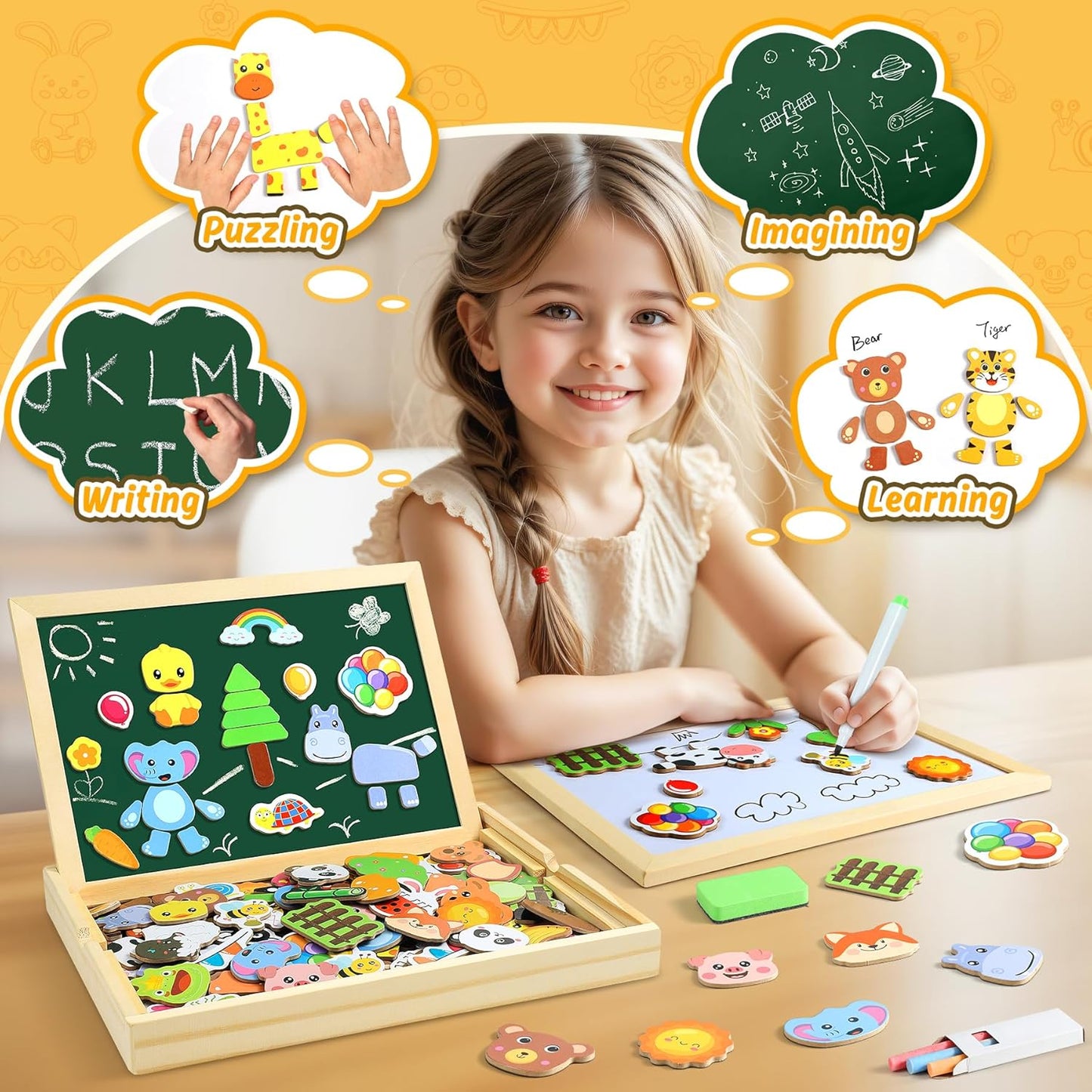 COOLJOY Magnetic Wooden Puzzles Double Sided Wooden Board Toy Learning Game for Children Boys Girls 3 4 5 Years Old