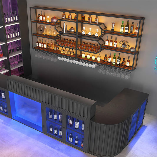 FKKPRVAX Wandmontiertes Weinregal mit LED Glashalter, 4 stöckiges Metall Wandmontage Wine Display Ständer, Wand Flaschenregal für Bar-Einheiten, Restaurants und Zuhause (240×125×25cm)