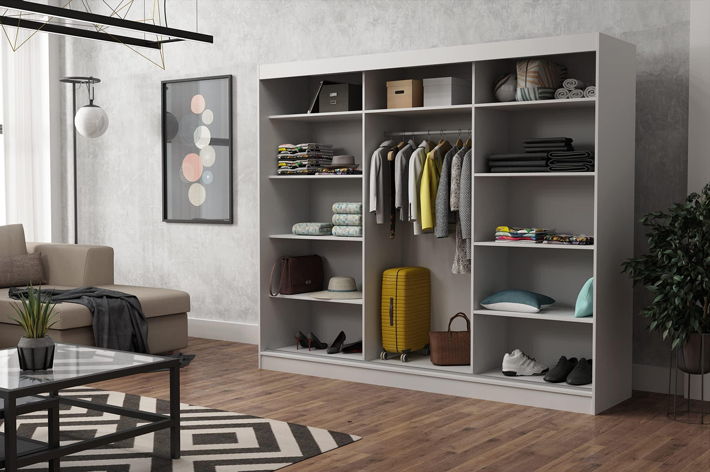 Brent - Kleiderschrank mit Spiegel Henry, 250cm Breit, Schlafzimmerschrank mit 1 Kleiderstange und Einlegeböden für Kleidung, Kleiderschrank Grau