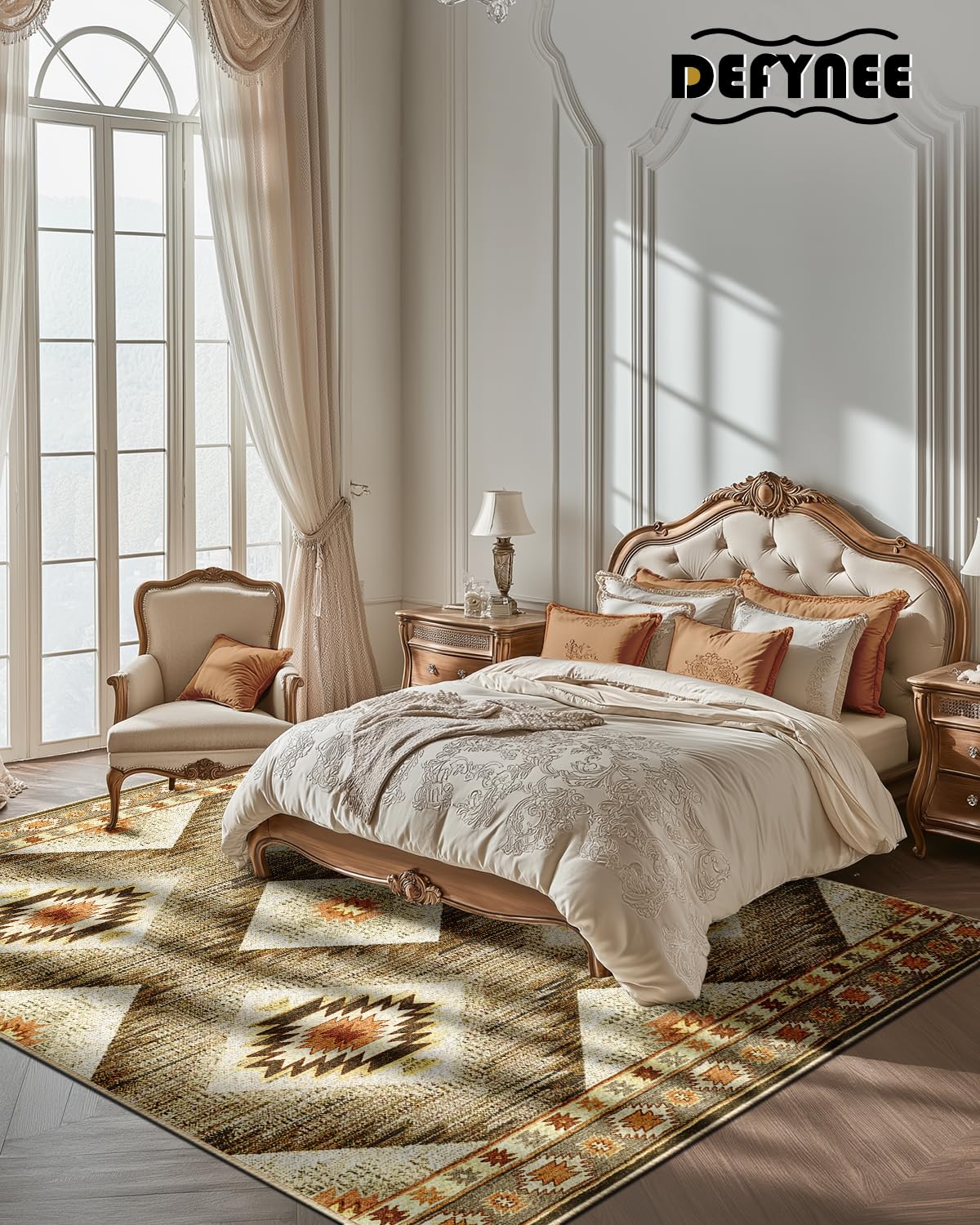 DEFYNEE Teppich Wohnzimmer 120 x 180 cm – Waschbarer Kurzflor Teppich, rutschfest, Vintage & Boho Stil, Pflegeleicht – Für Flur, Wohnzimmer, Schlafzimmer & Esszimmer, Dunkelblau