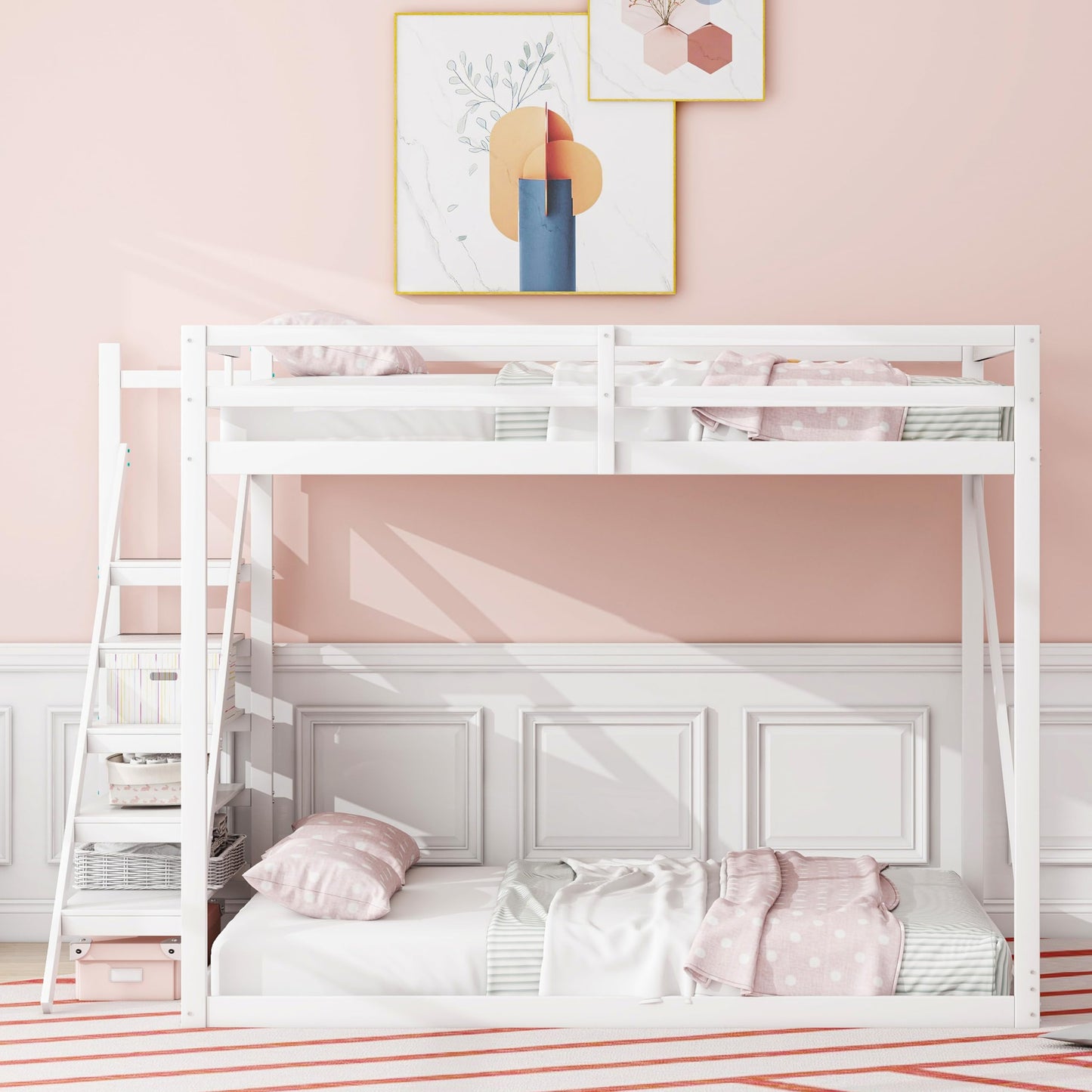 Merax Kinderbett 90x200 cm aus Holz, Multifunktionales Hochbett mit austauschbarer Treppe & Stauraum, Schubladen als Schreibtisch nutzbar, Weiß (Ohne Matratze)
