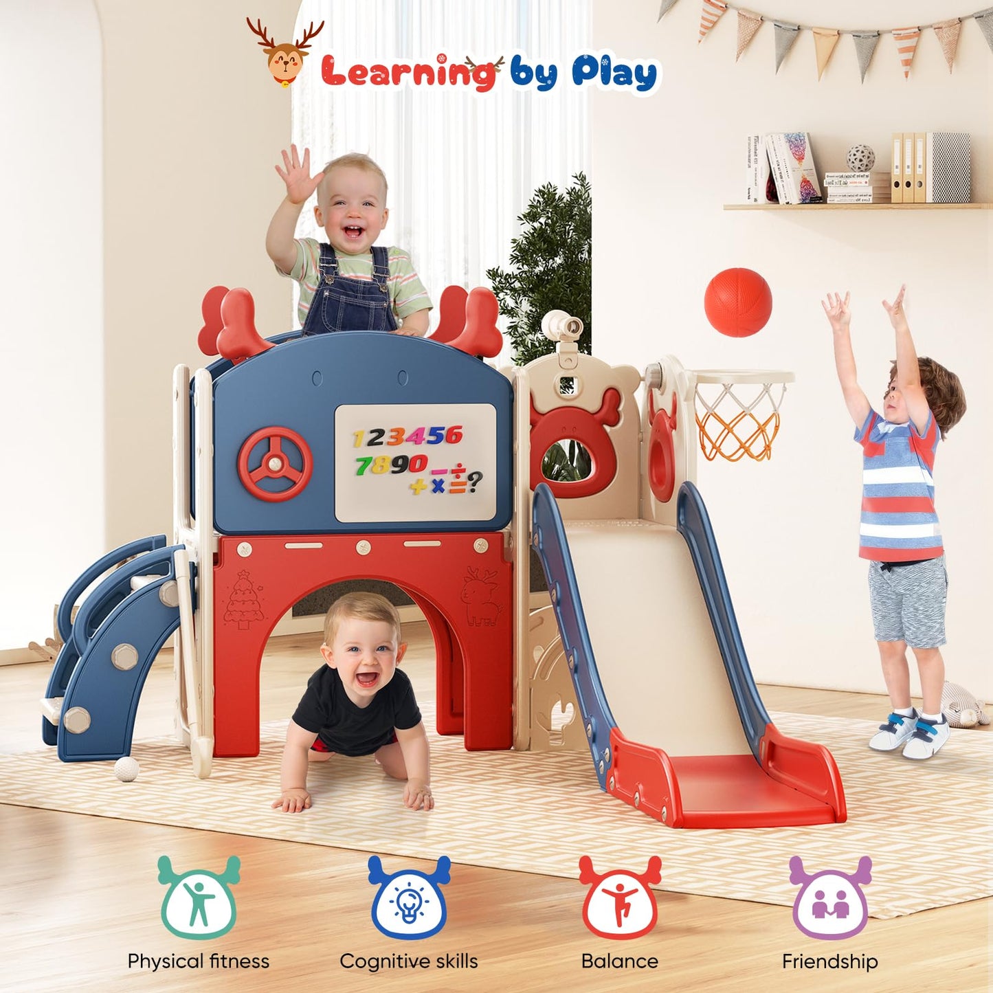 Krovtoy Kleinkindrutsche mit Weihnachtselch-Motiv, freistehende Kleinkindrutsche mit Golf-Set, Babyrutsche, Spielplatzgerät, für den Innen- und Außenbereich (Grau Beige - 6 in 1)