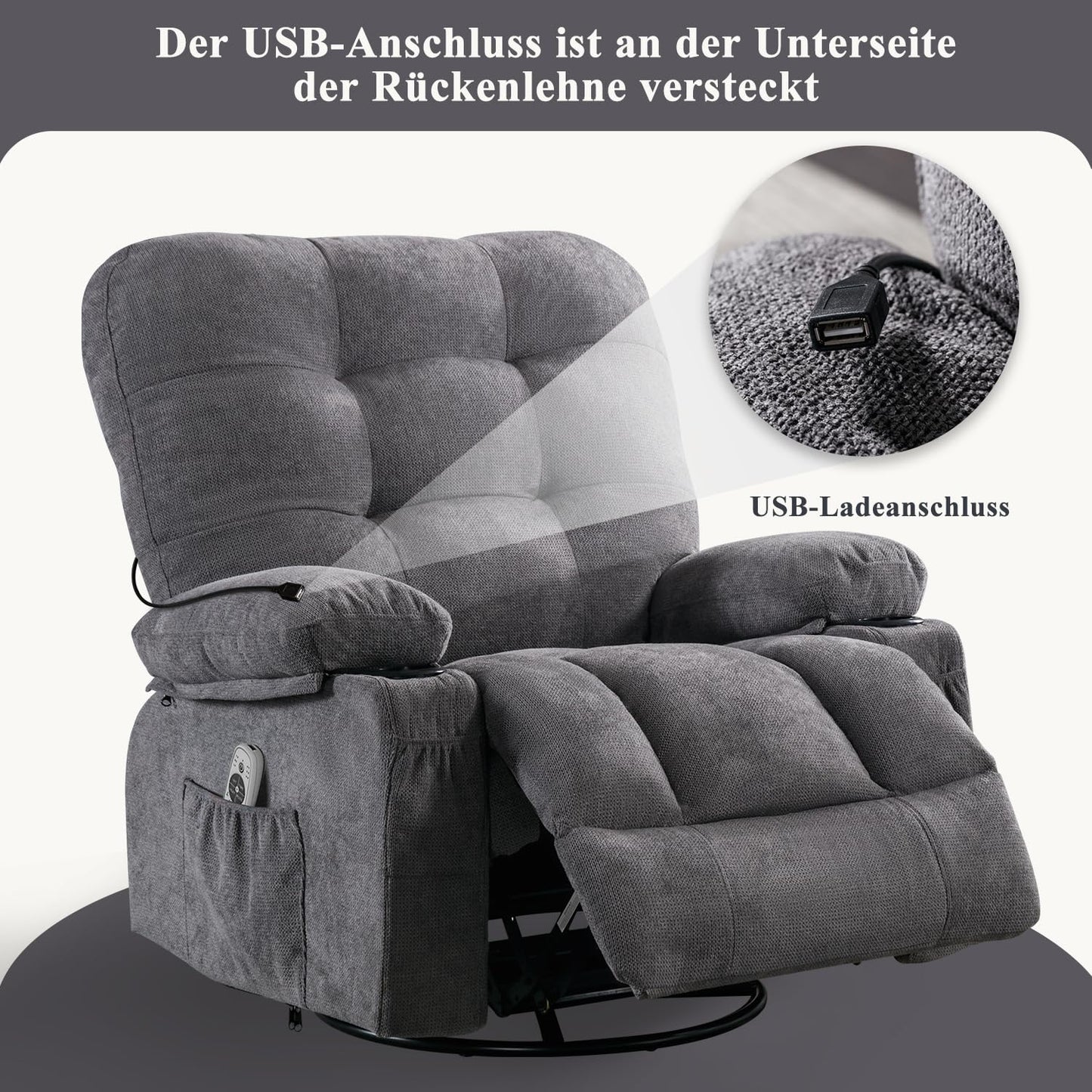 Bosmiller Relaxsessel mit Liegefunktion Massagesessel Oversize Fernsehsessel 360°Drehbarer Liegesessel Heizung Verstellbar Sessel Stoff