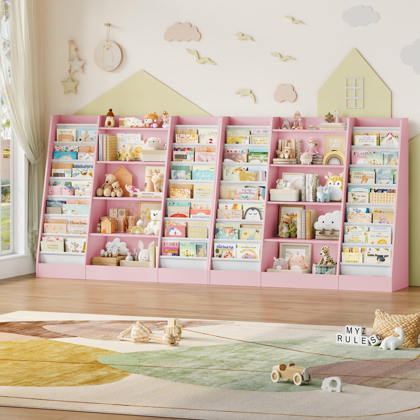 FOREHILL 129 cm Breite Kinderregal, Bücherregal für Kinder mit 14 Ablagen, Kinderzimmer Möbel aus Holz, Spielzeugregal, Regal für Kinderzimmer, Kindergarten, Leseecke, 129 x 120 x 35 cm (weiß)