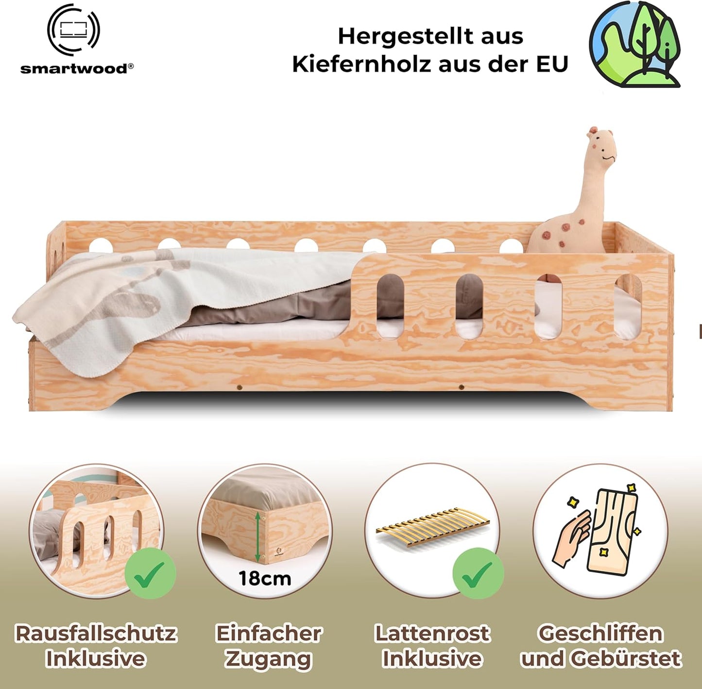 smartwood Kinderbett 80x160 Montessori Bett mit Rausfallschutz & Lattenrost - Kiefernsperrholz mit FSC-Zertifikat - für Jungen und Mädchen - Einfache Montage - TILA 1L