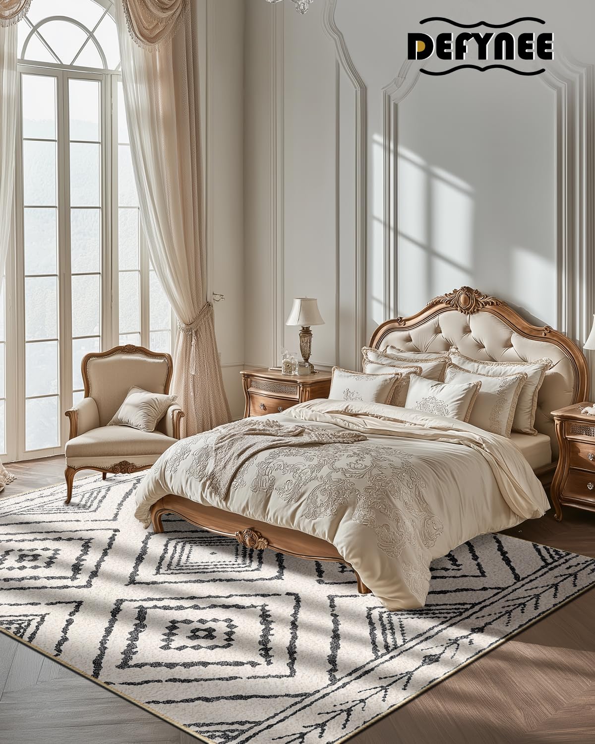 DEFYNEE Teppich Wohnzimmer 120 x 180 cm – Waschbarer Kurzflor Teppich, rutschfest, Vintage & Boho Stil, Pflegeleicht – Für Flur, Wohnzimmer, Schlafzimmer & Esszimmer, Dunkelblau