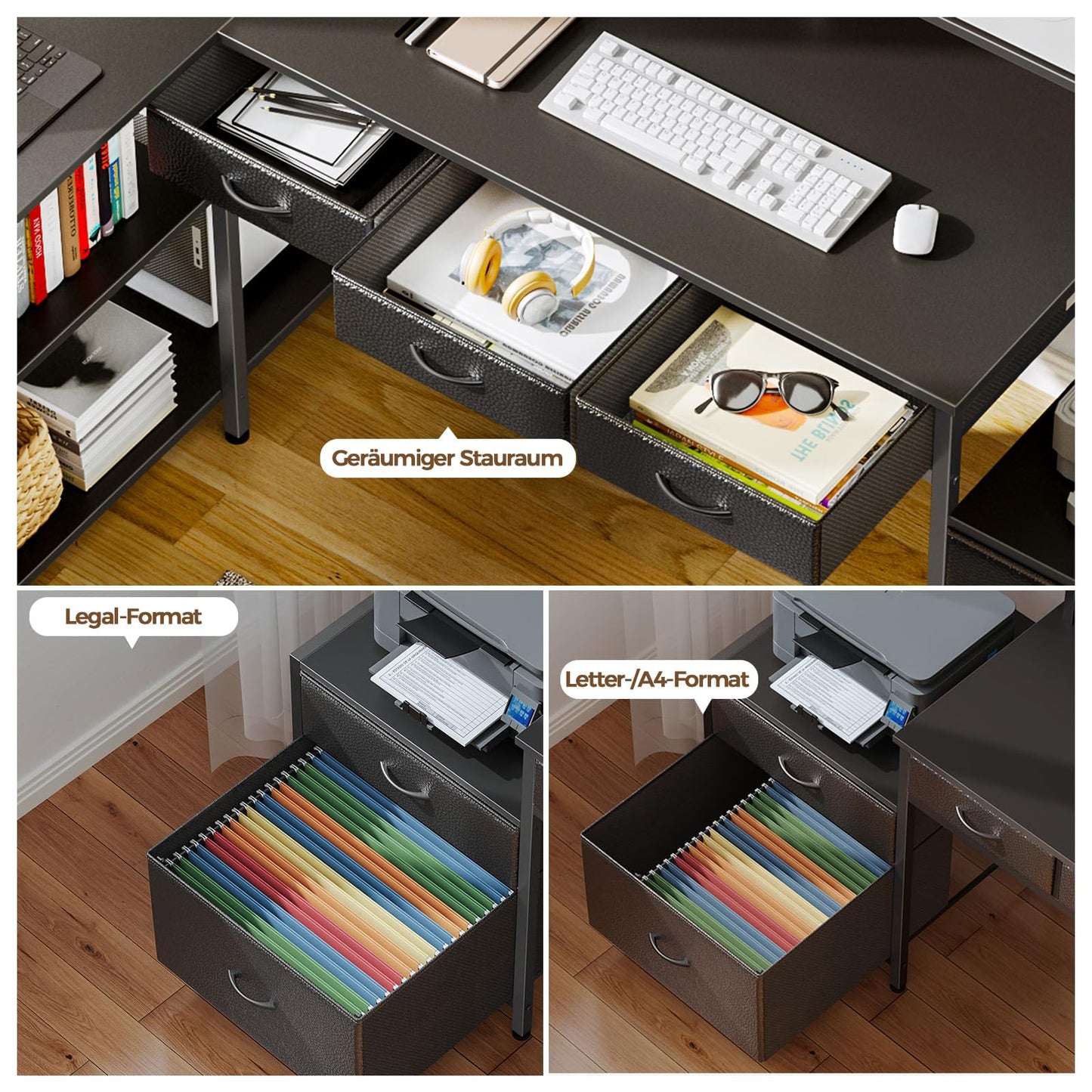 Seventable Schreibtisch L Form, Computertisch mit Steckdose, LED & Monitorständer, Reversibel Eckschreibtisch mit Schubladen, perfekt für Schlafzimmer Büro Wohnzimmer