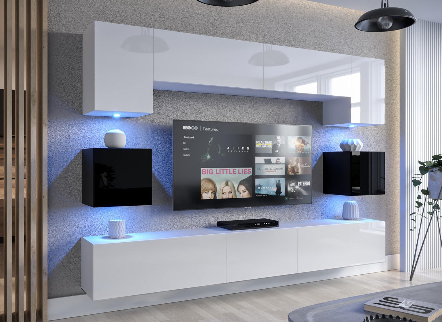 Furnitech Living Room Wall Unit | Hanging Living Room Wall Unit Modern | Living Room Cabinet Wall with Shelves and TV Cabinet | Living Room Furniture without LED (Nowara AN1-17S-M50 1A)
