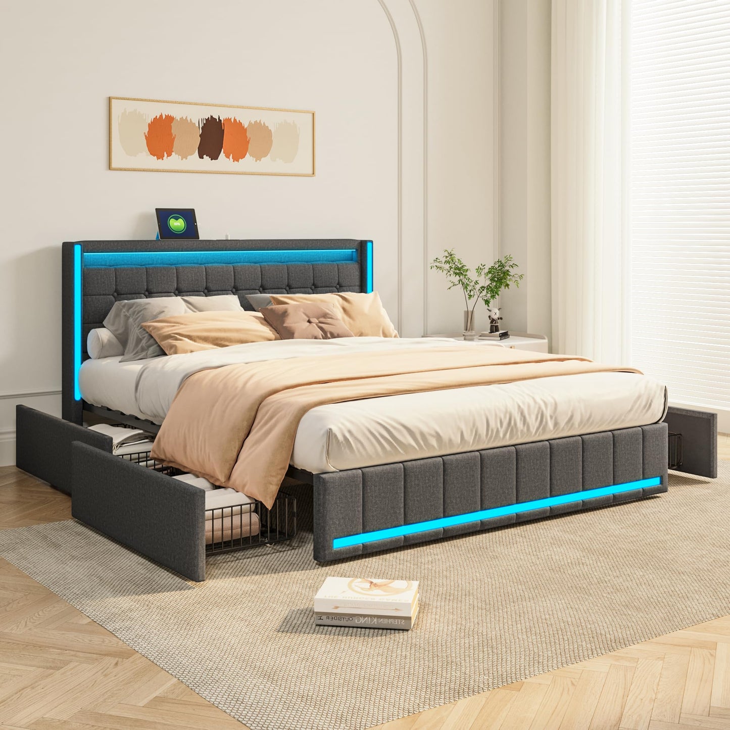 WOBOPCG Upholstered Double Bed 140 x 200, Hydraulic Storage Bed with Slatted Bases, Double Bed with Storage Space, Functional Bed with Storage Space (Grey + Flannel, 140 x 200)