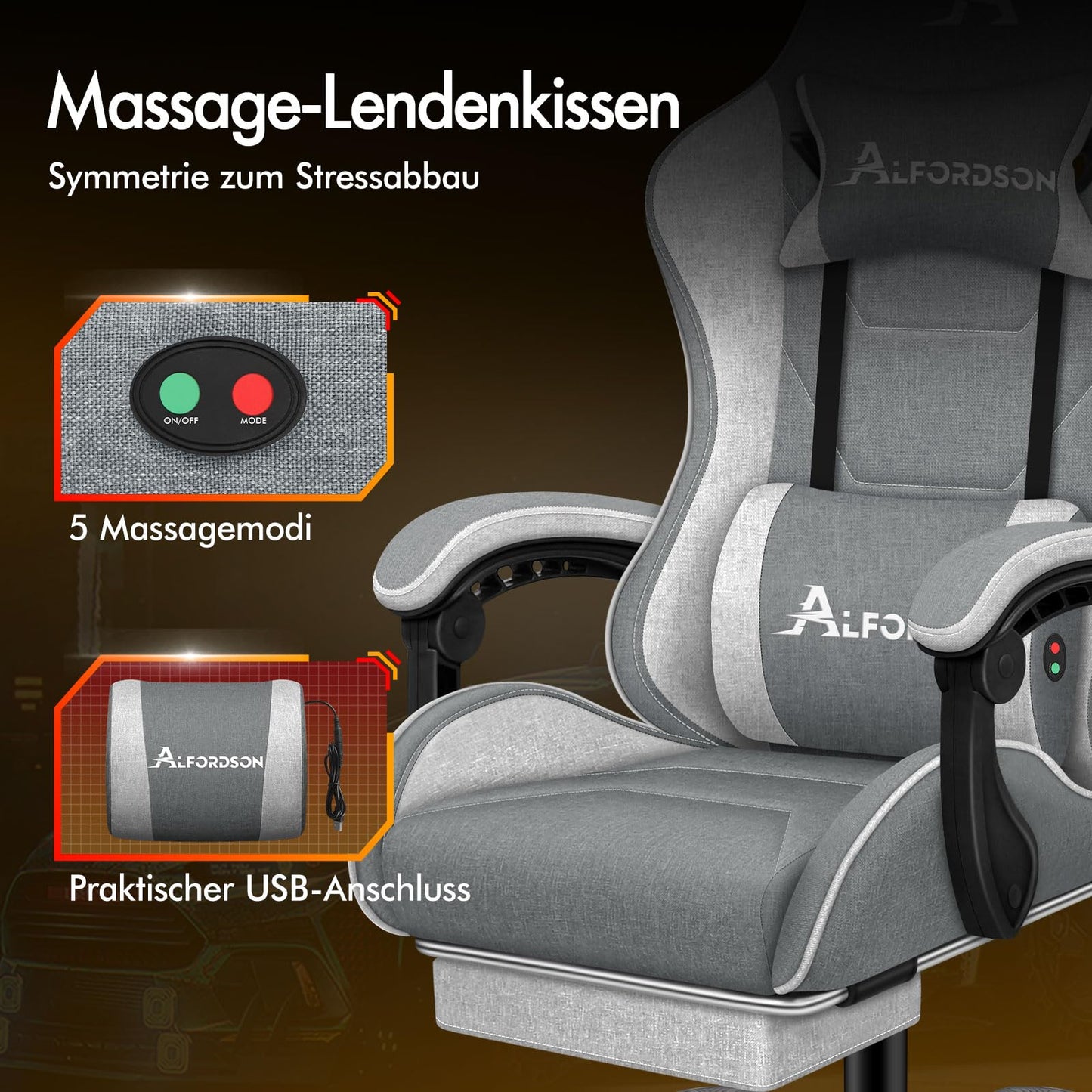 ALFORDSON Gaming-Stuhl mit Massage-Lendenwirbelkissen, ergonomischer Gamer-Racer-Stuhl mit Verstellbarer Rückenlehne, Drehstuhl mit Fußstütze, höhenverstellbar, Schwarz