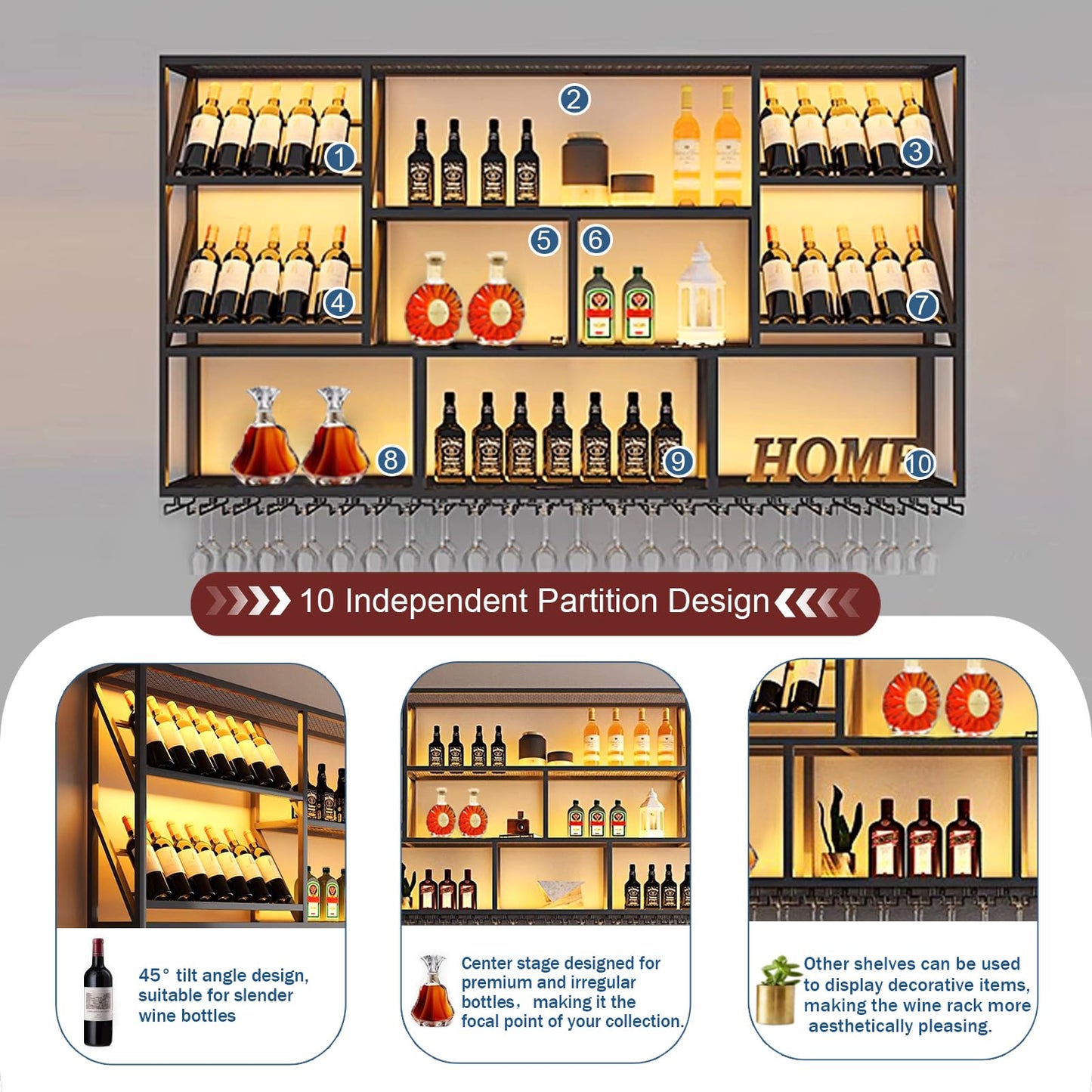 TAUODUYY 180 cm Large Industrial Wall Mounted Wine Rack, 3 Tier Wine Display with Glass Holder, Modern Black Metal Wine Rack Wall, for Home Kitchen/Wine Cellar/Bar Cafe (180 cm)