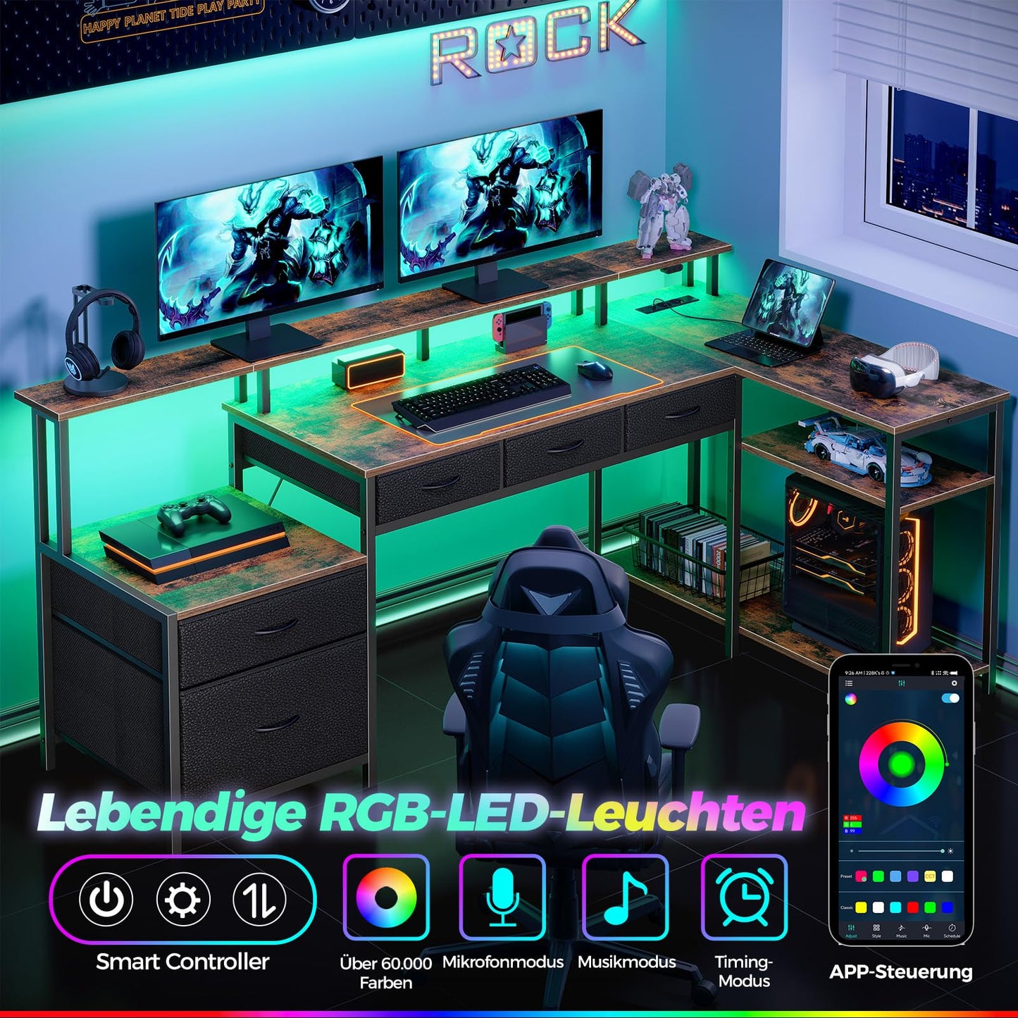 Seventable Schreibtisch L Form, Computertisch mit Steckdose, LED & Monitorständer, Reversibel Eckschreibtisch mit Schubladen, perfekt für Schlafzimmer Büro Wohnzimmer